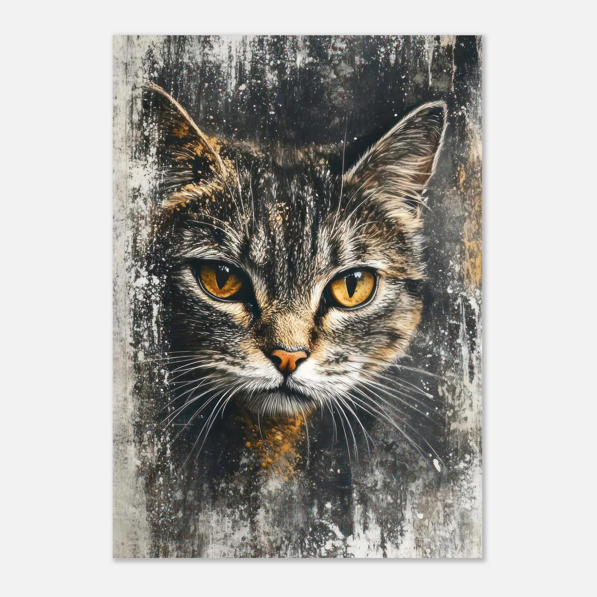 Cat painting artwork poster featuring a detailed feline portrait with mesmerizing golden eyes and a textured background.