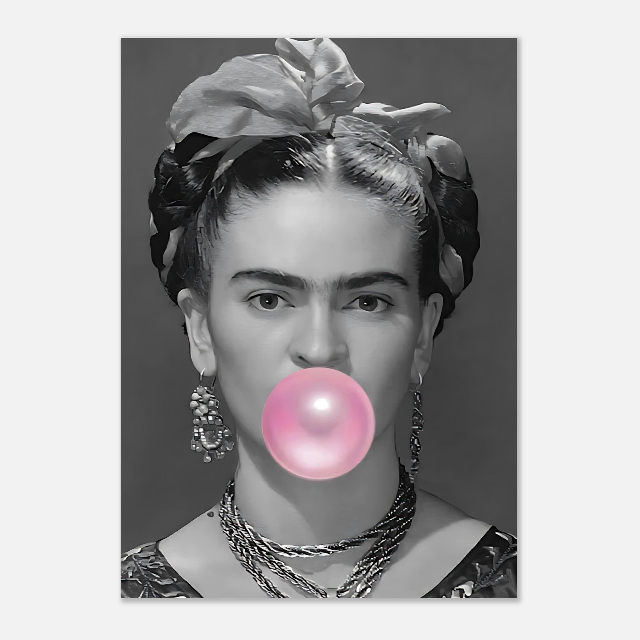 Frida Kahlo Bubble Gum poster featuring the artist blowing a pink bubble in a black-and-white portrait. Decorative wall art.