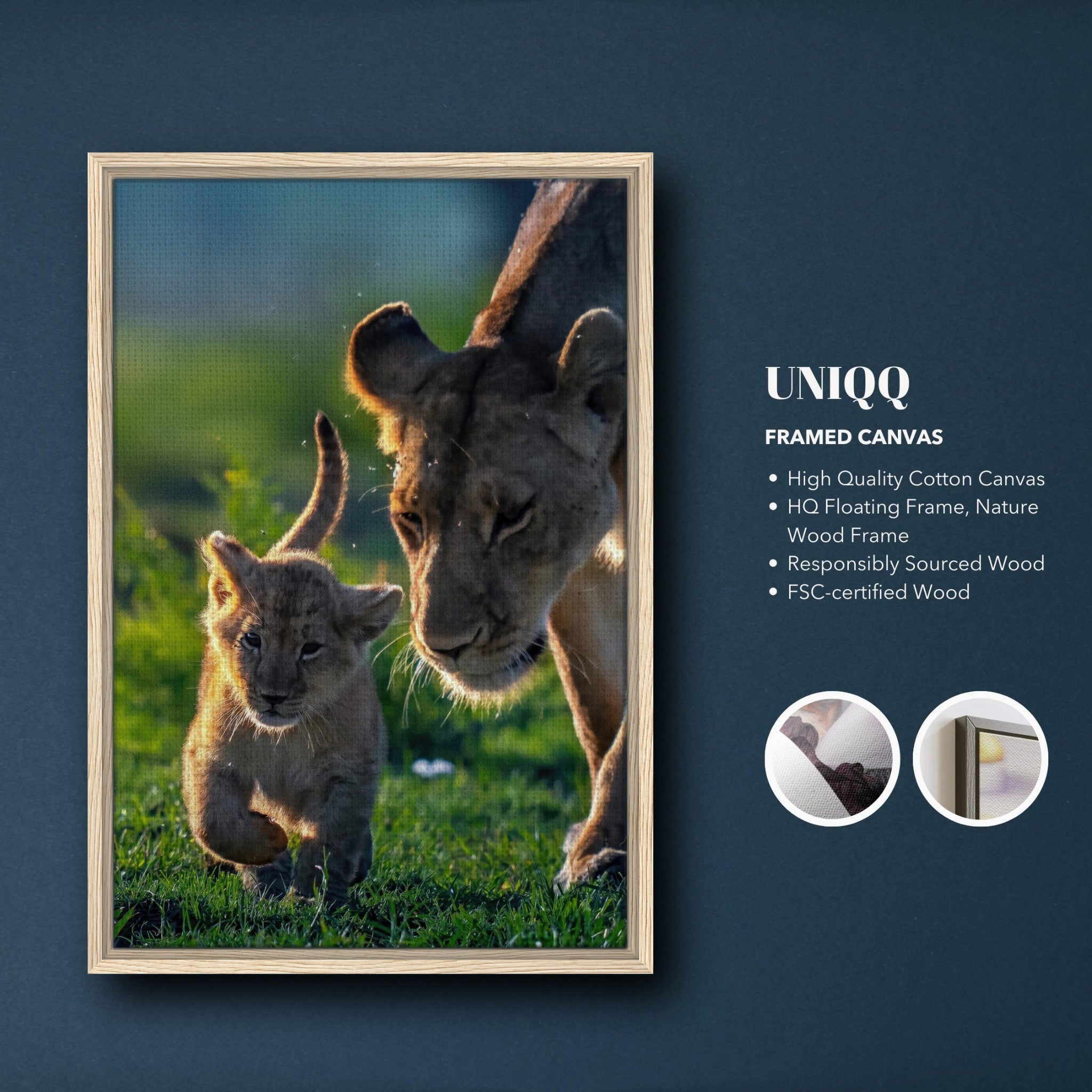 Framed canvas print of a lioness with her cub in a sunlit savanna, showcasing the bond of motherhood.