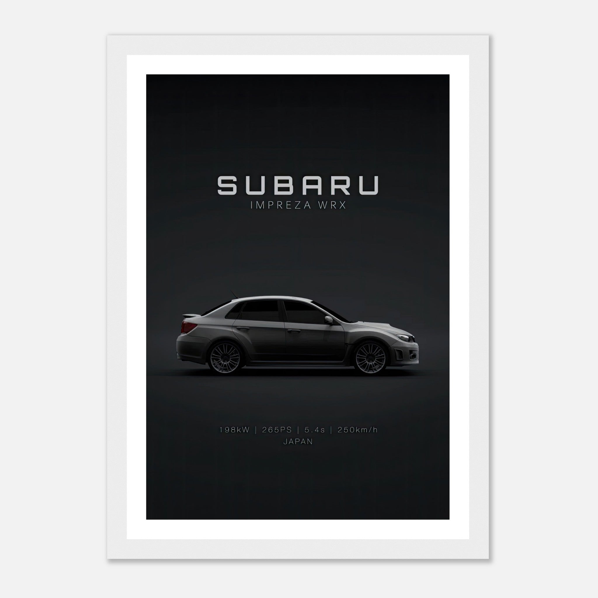 Subaru WRX framed poster featuring a side view of the iconic car with minimalist design and dark background.
