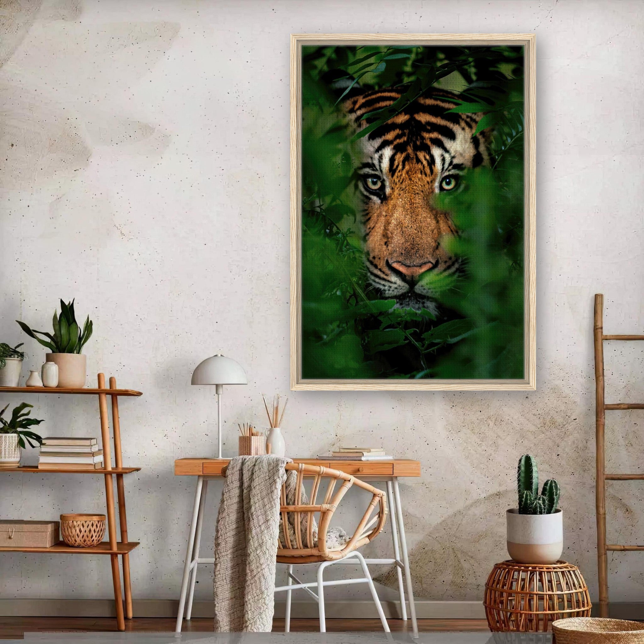 Tiger through jungle foliage in a framed canvas print, showcasing intense gaze and vibrant colors.