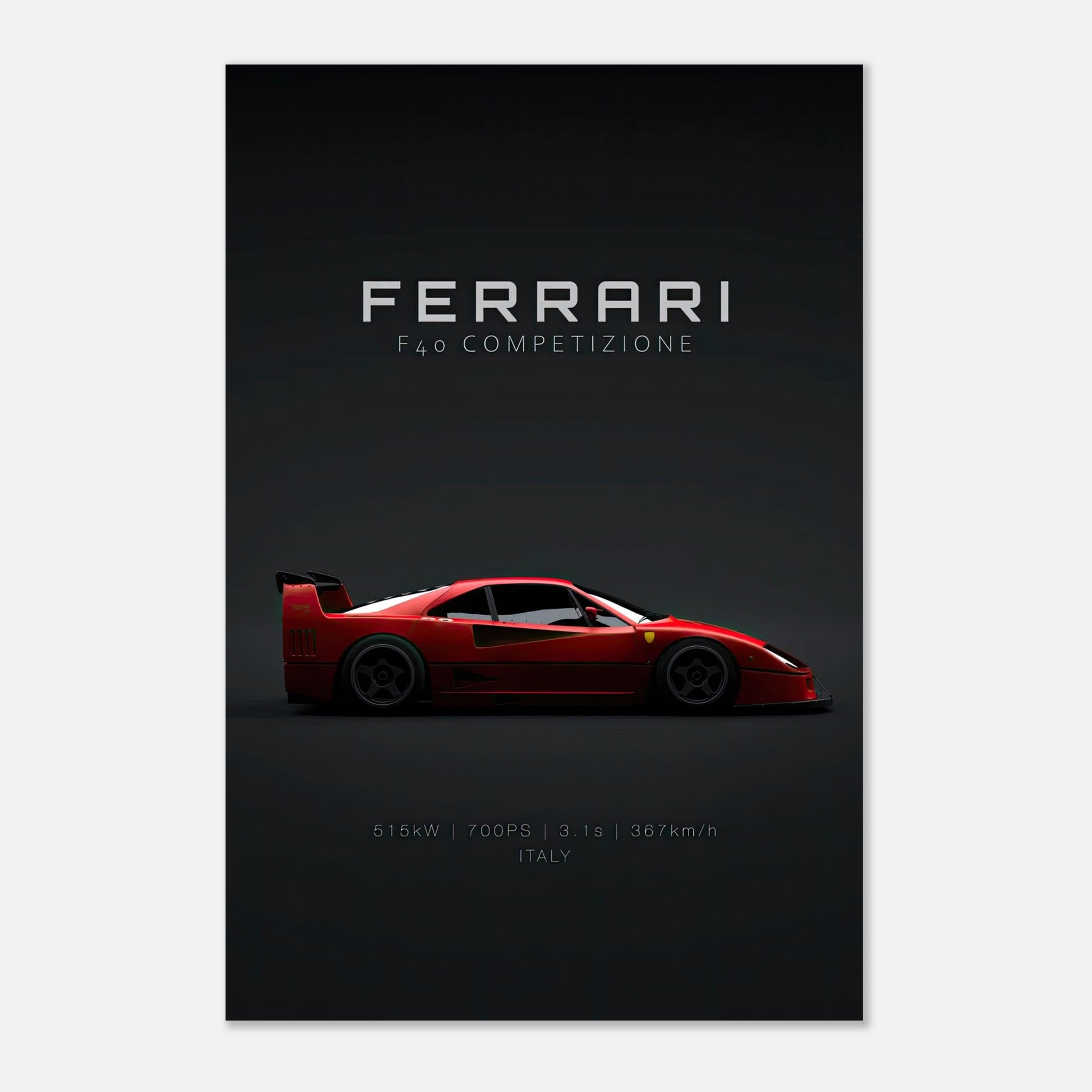 Ferrari F40 Competizione metal print showcasing its sleek design and bold red color against a dark background.