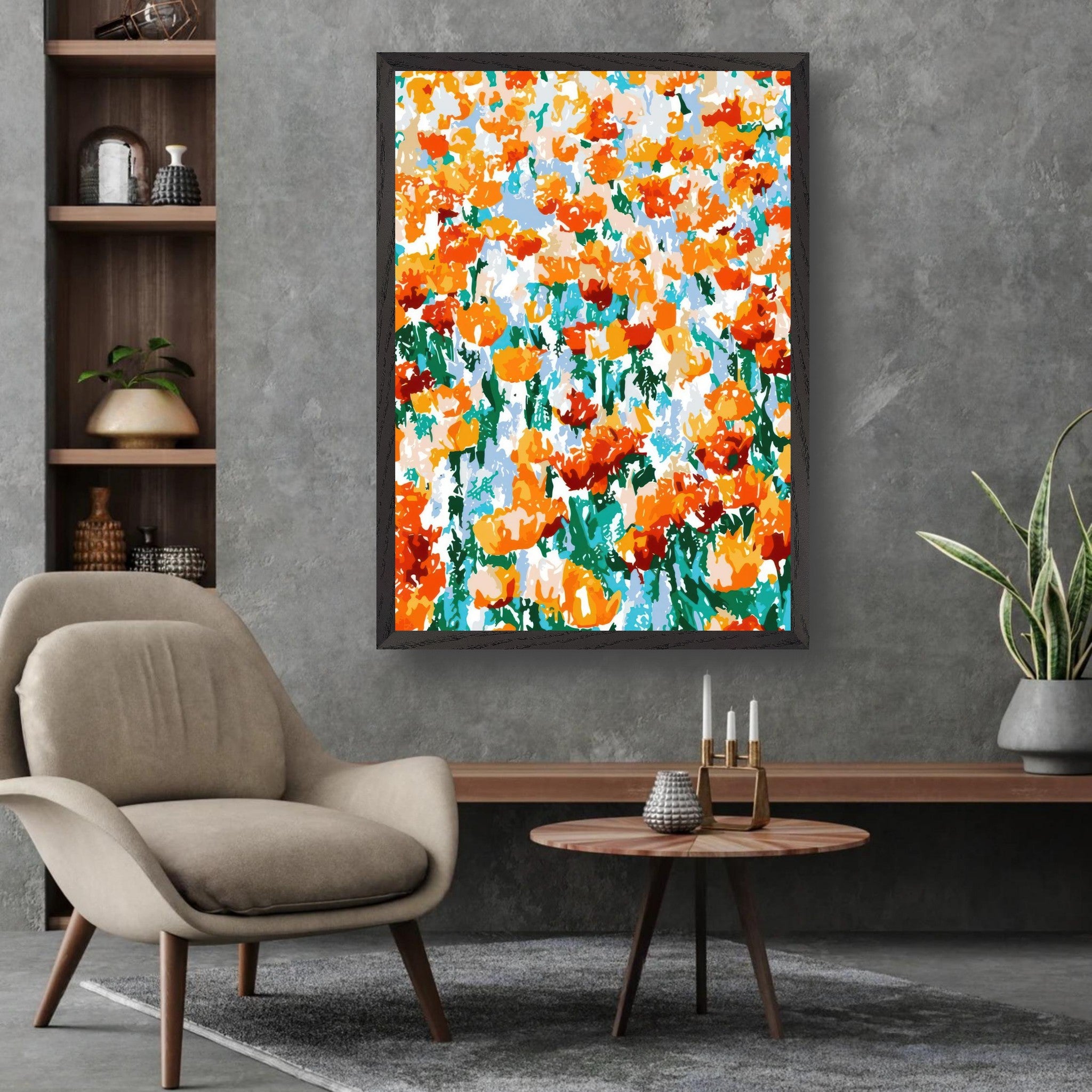 Abstract Floral Tulip Garden artwork in vibrant orange and red hues, enhancing a stylish interior decor setting.