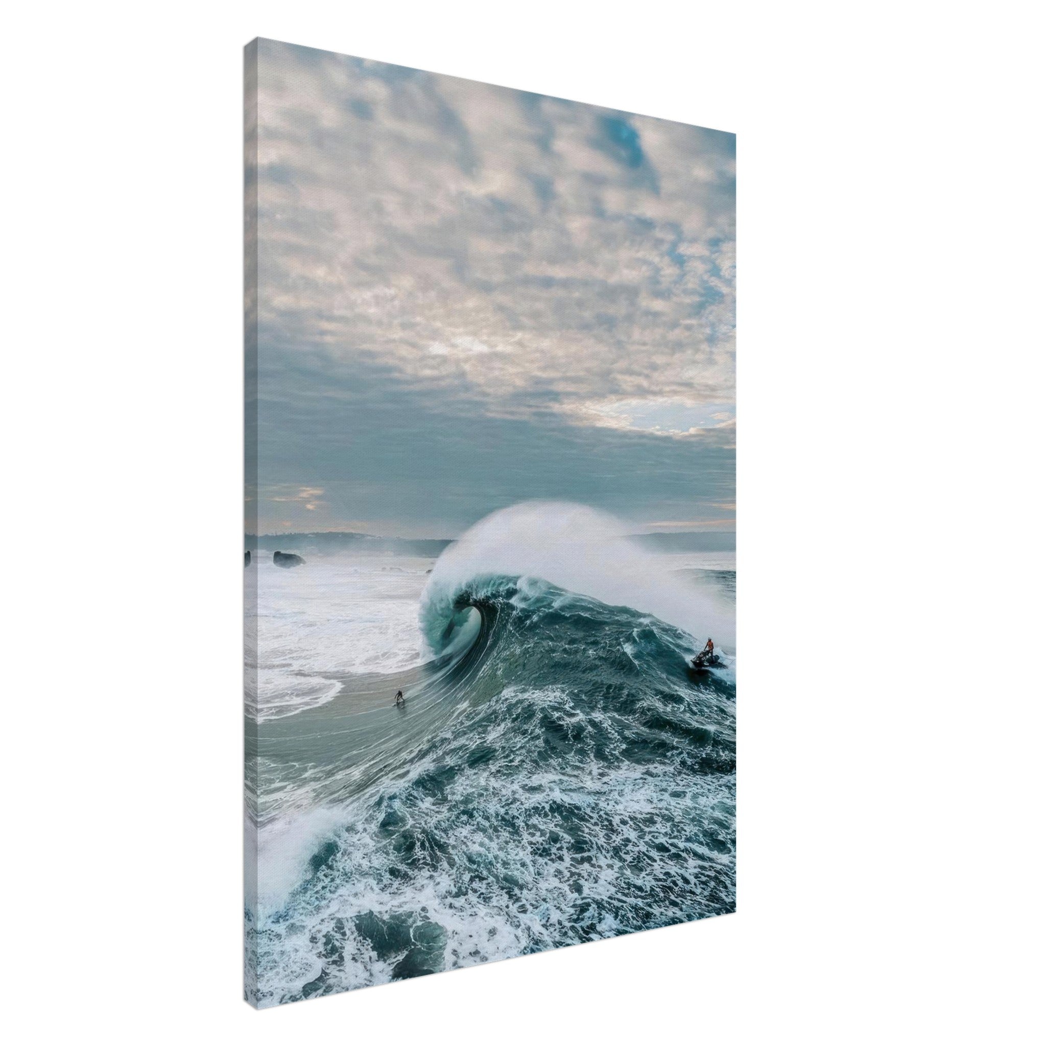 Big Wave Surfing canvas print showcasing a surfer riding a massive wave under a textured sky.