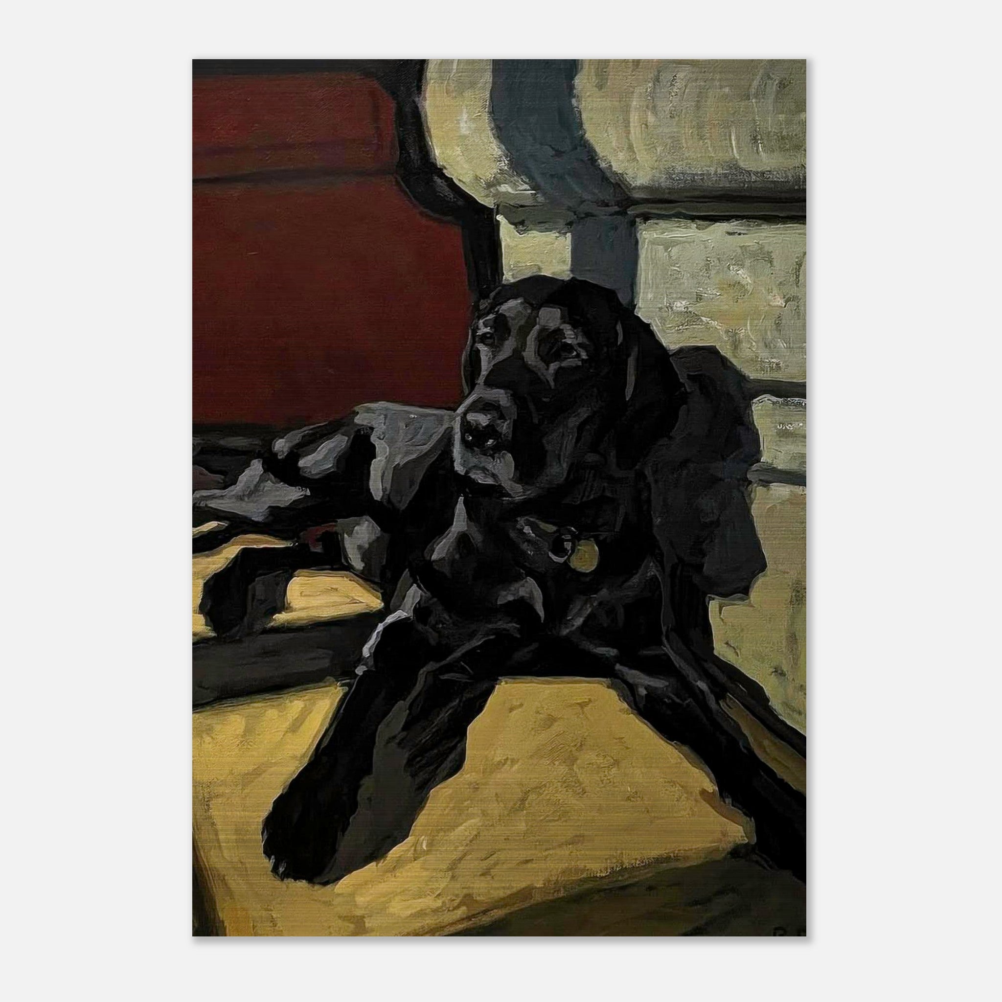 Black Labrador dog painting on brushed metal, featuring rich colors and bold brushstrokes, adding elegance to any space.
