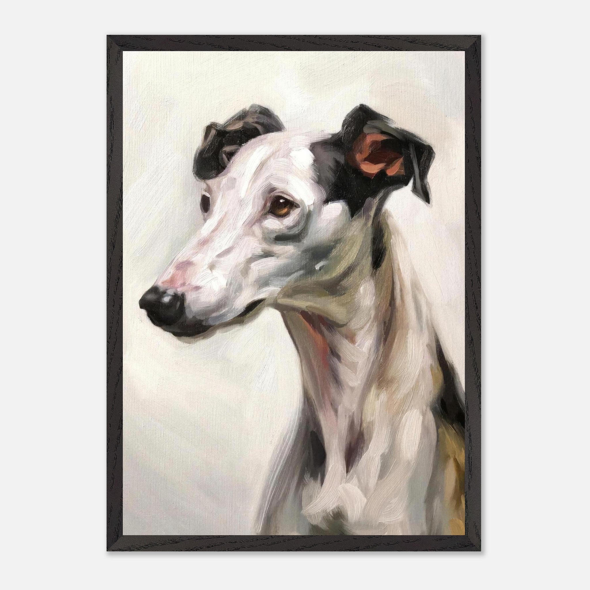 Greyhound dog portrait painting, emphasizing elegance and grace in soft colors and fine art detailing.