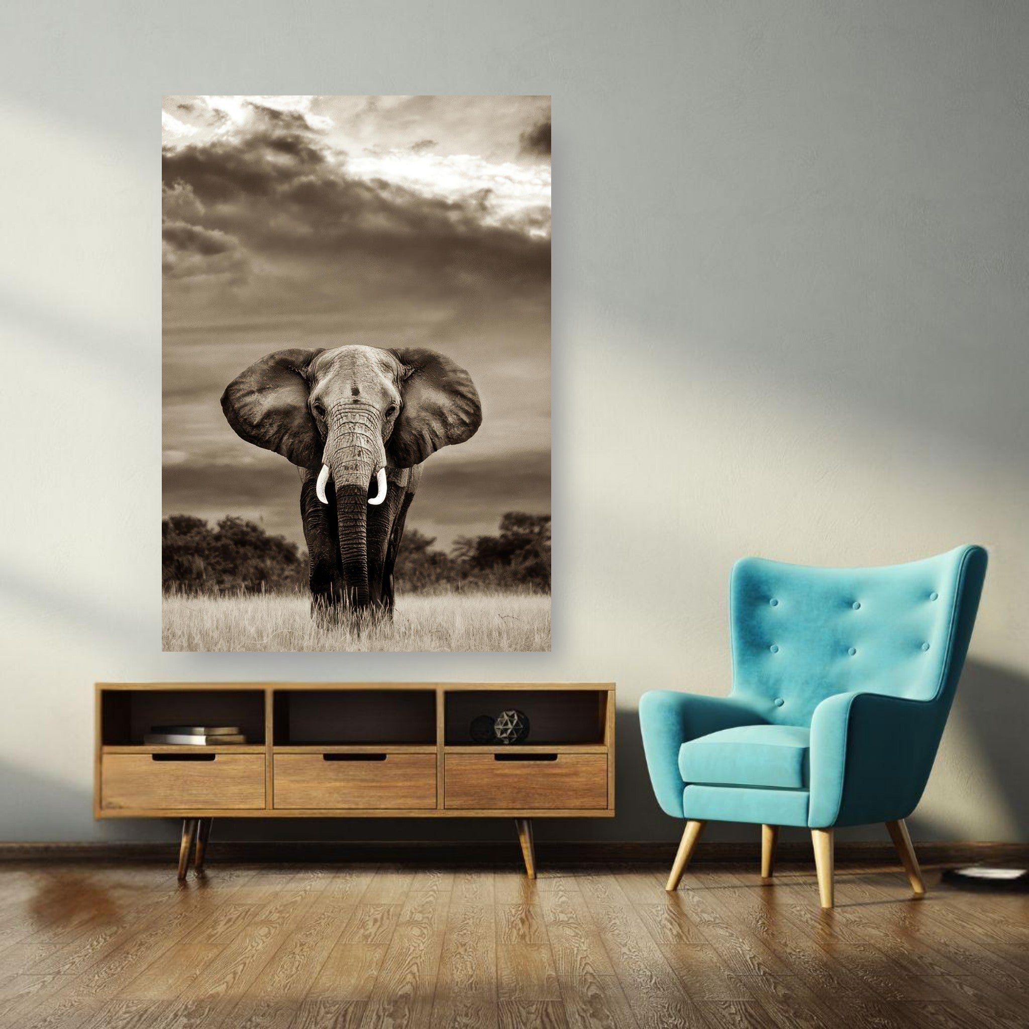Stunning elephant portrait photography poster in a modern living room setting.