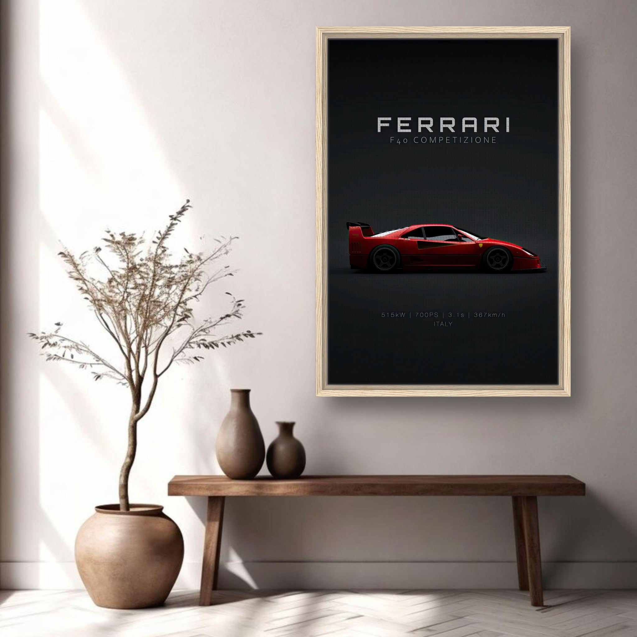 Framed canvas of Ferrari F40 Competizione, showcasing its sleek red profile against a black background.