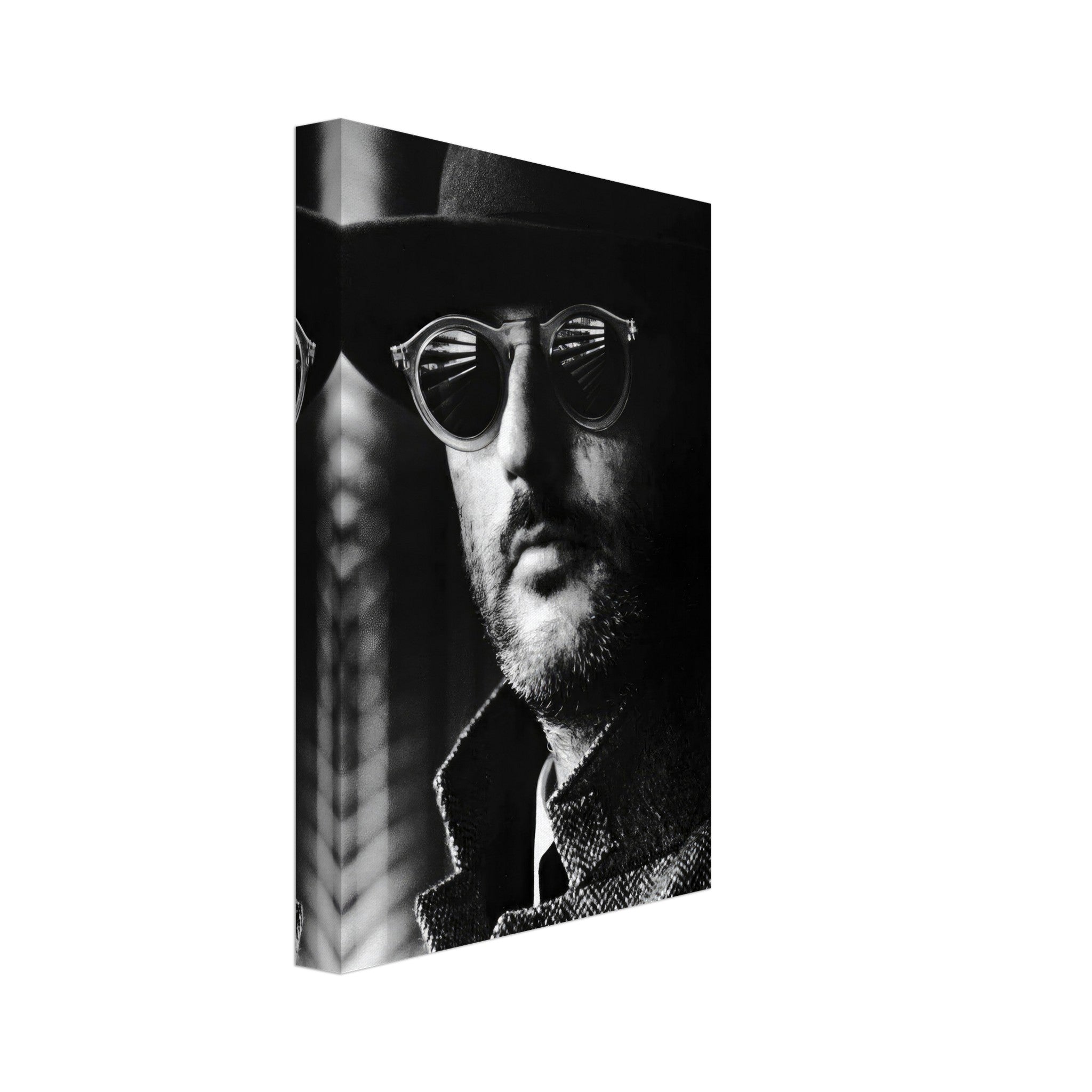 Black-and-white canvas print of a man wearing sunglasses and a hat, striking a sophisticated pose.