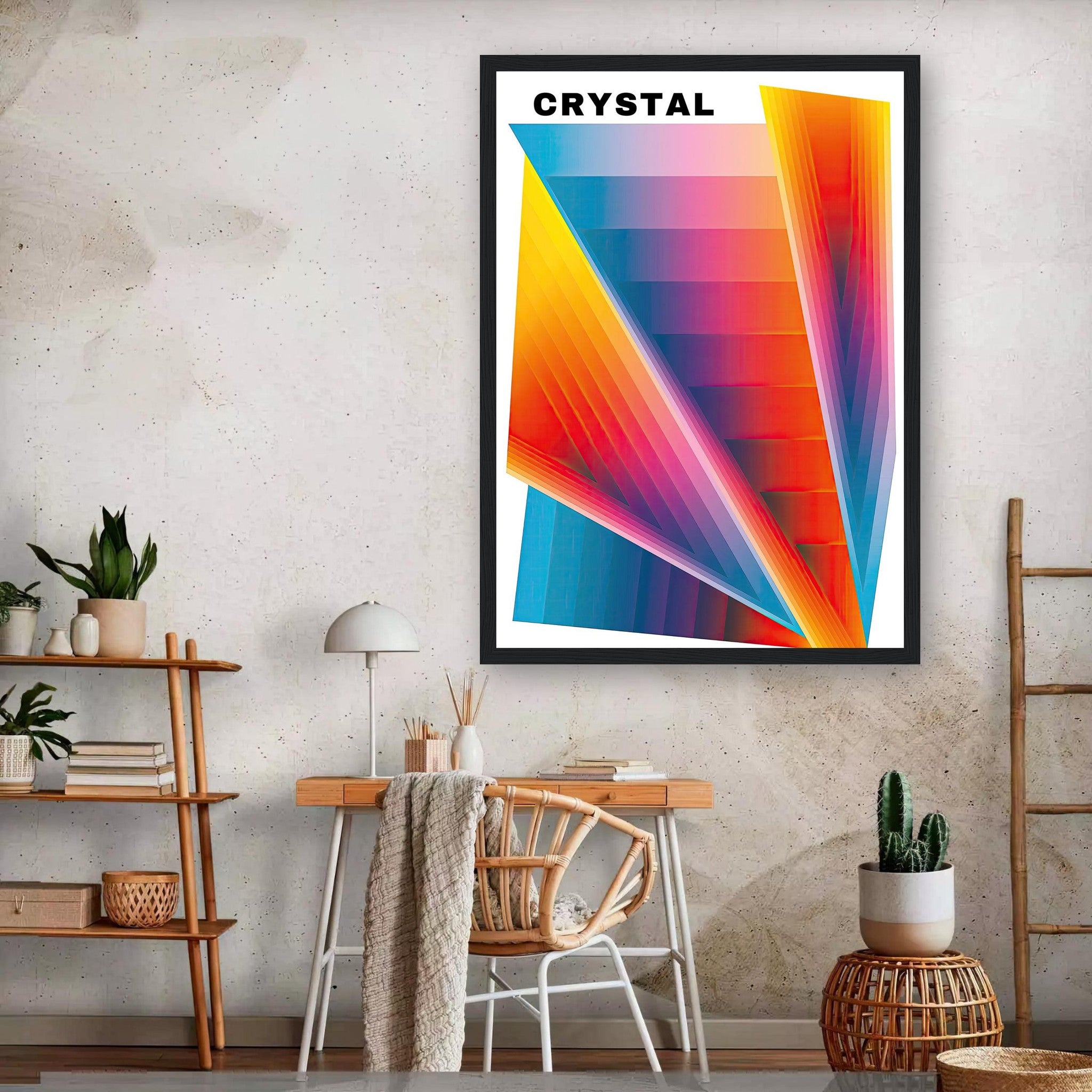 Crystal Abstract Art Framed Print showcasing vibrant hues and geometric patterns, perfect for modern interiors.
