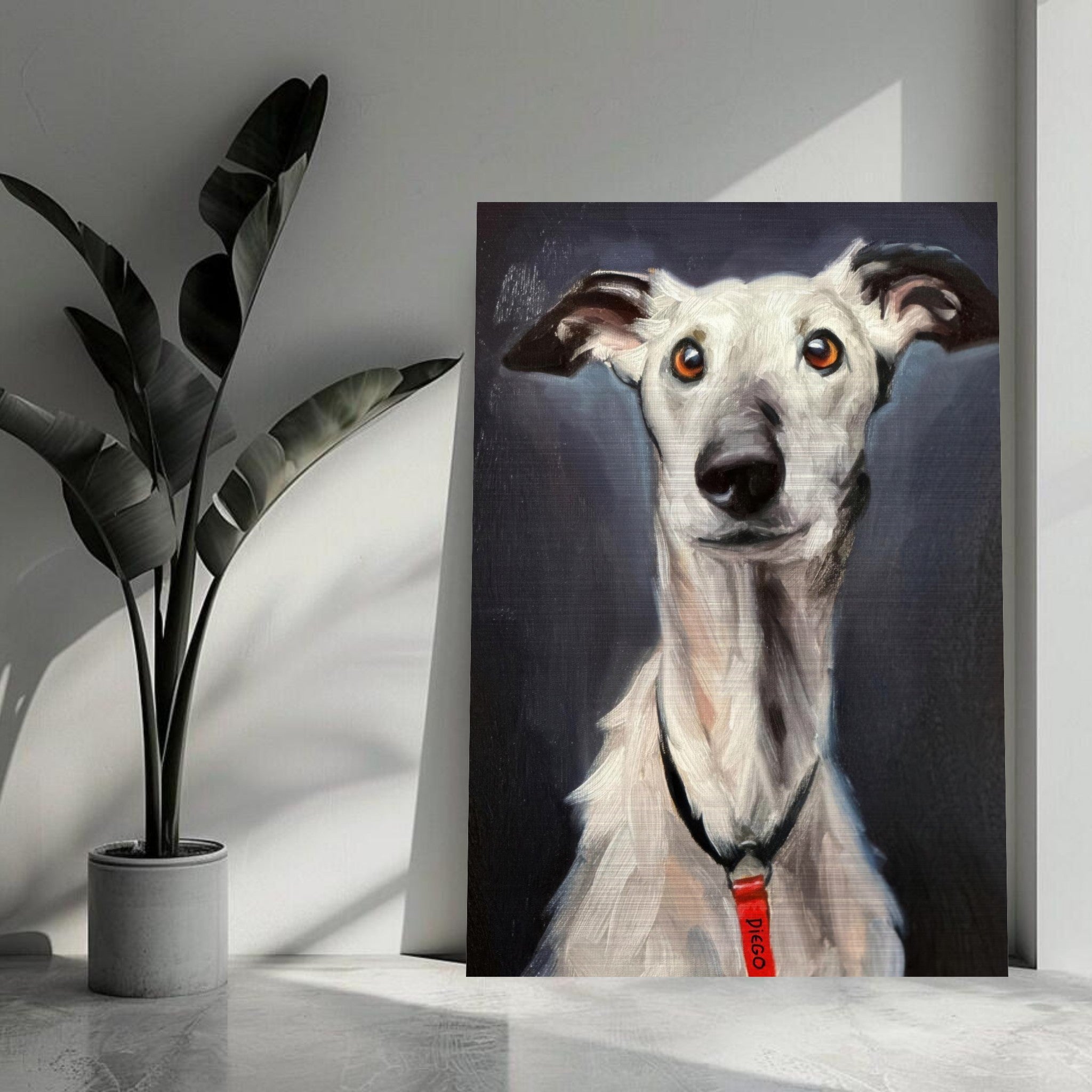 Stunning brushed metal painting of a Greyhound dog with expressive eyes and sleek coat.