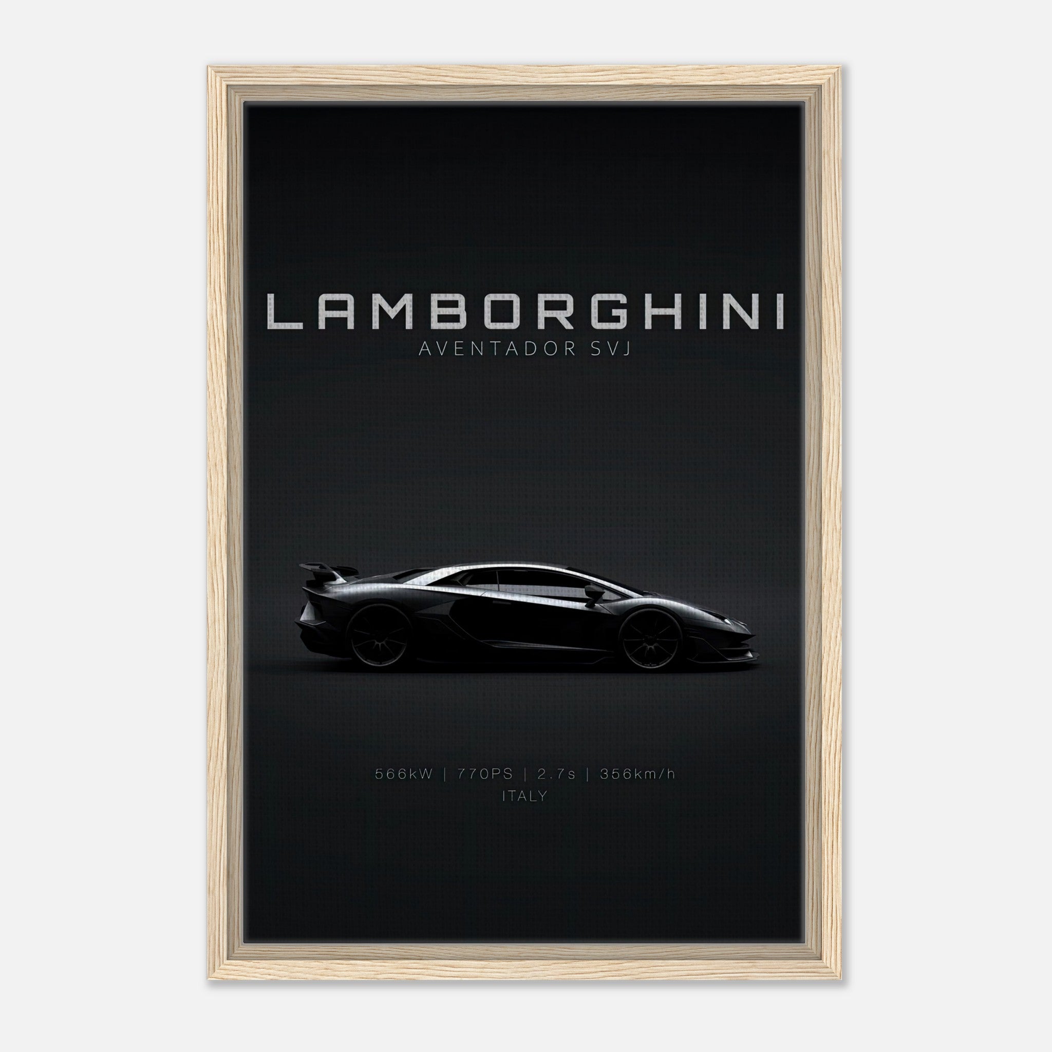 Lamborghini Aventador SVJ framed canvas art showcasing its sleek design and powerful silhouette.