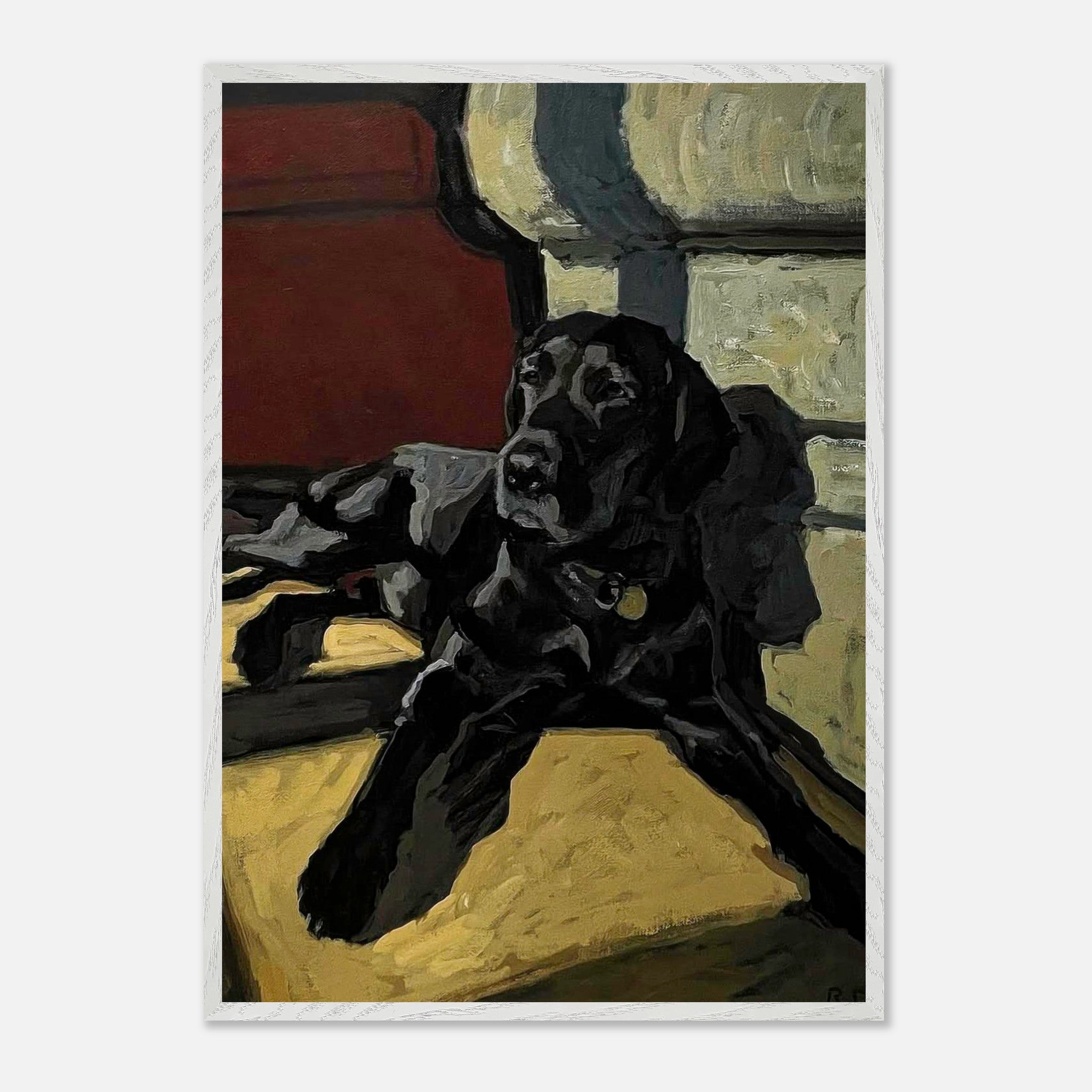 Black Labrador dog painting vintage framed print, capturing the charm and warmth of a loyal companion.