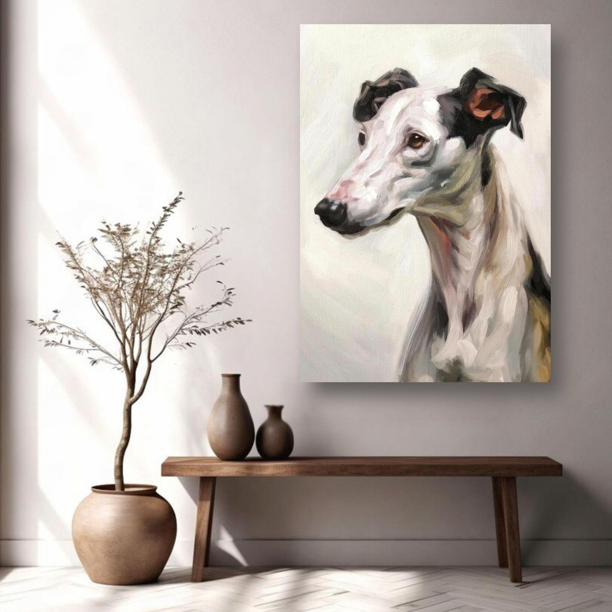 Greyhound dog painting metal print displayed in a modern living room with decorative plants and vase.