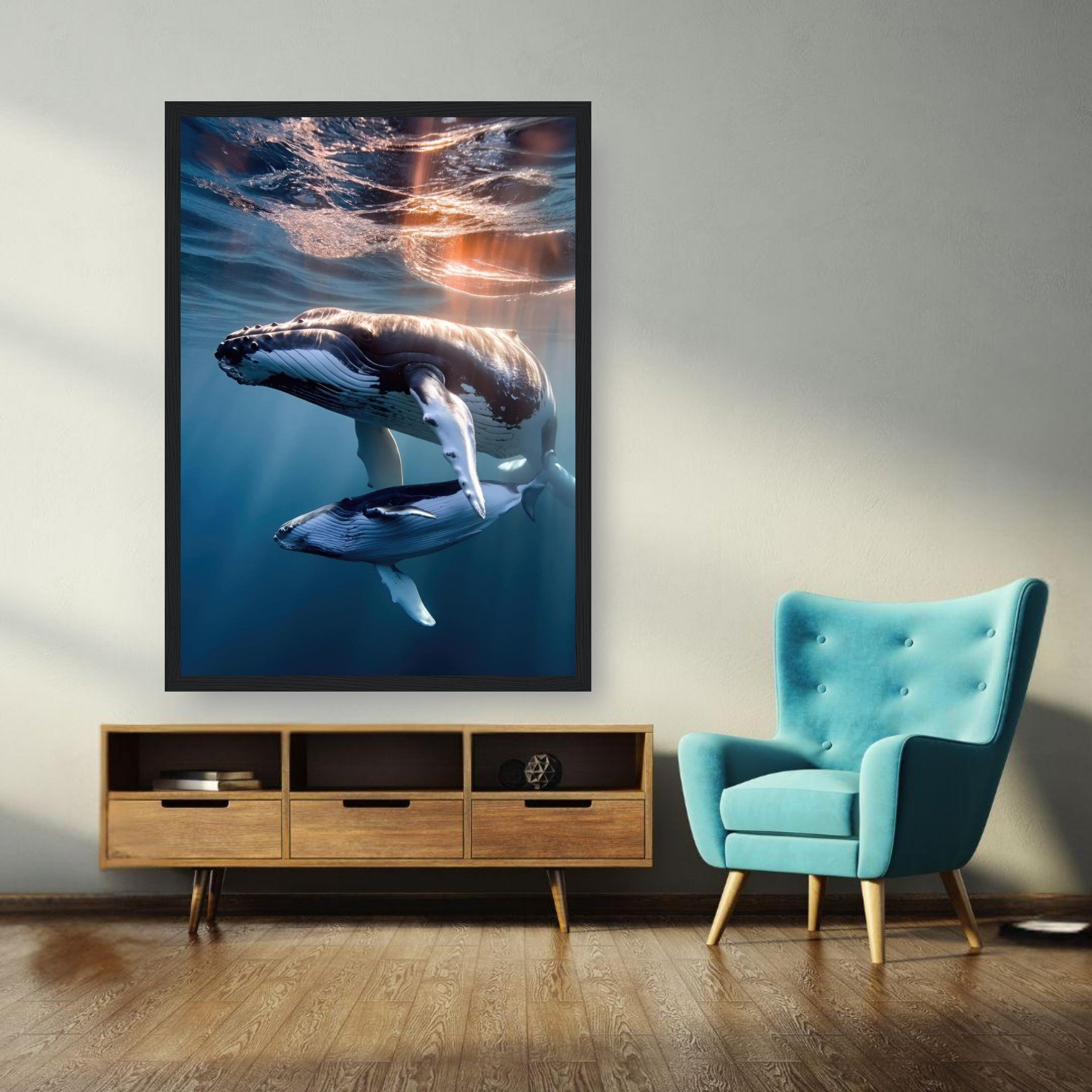Framed print of a humpback whale and its calf swimming underwater, showcasing ocean beauty in vibrant blue tones.