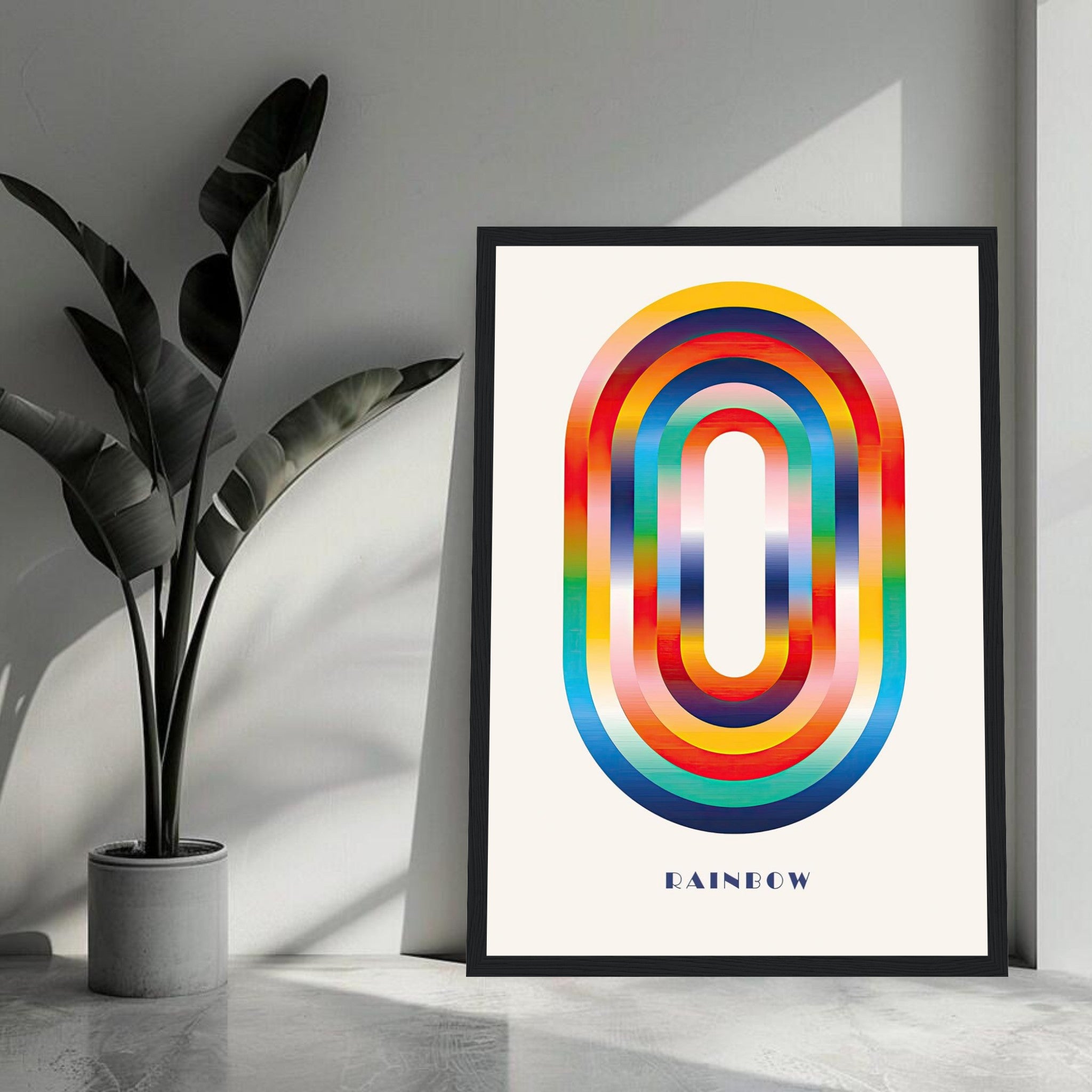 Framed Abstract Rainbow Geometric Art print with vibrant colors and elegant design, ideal for modern home decor.