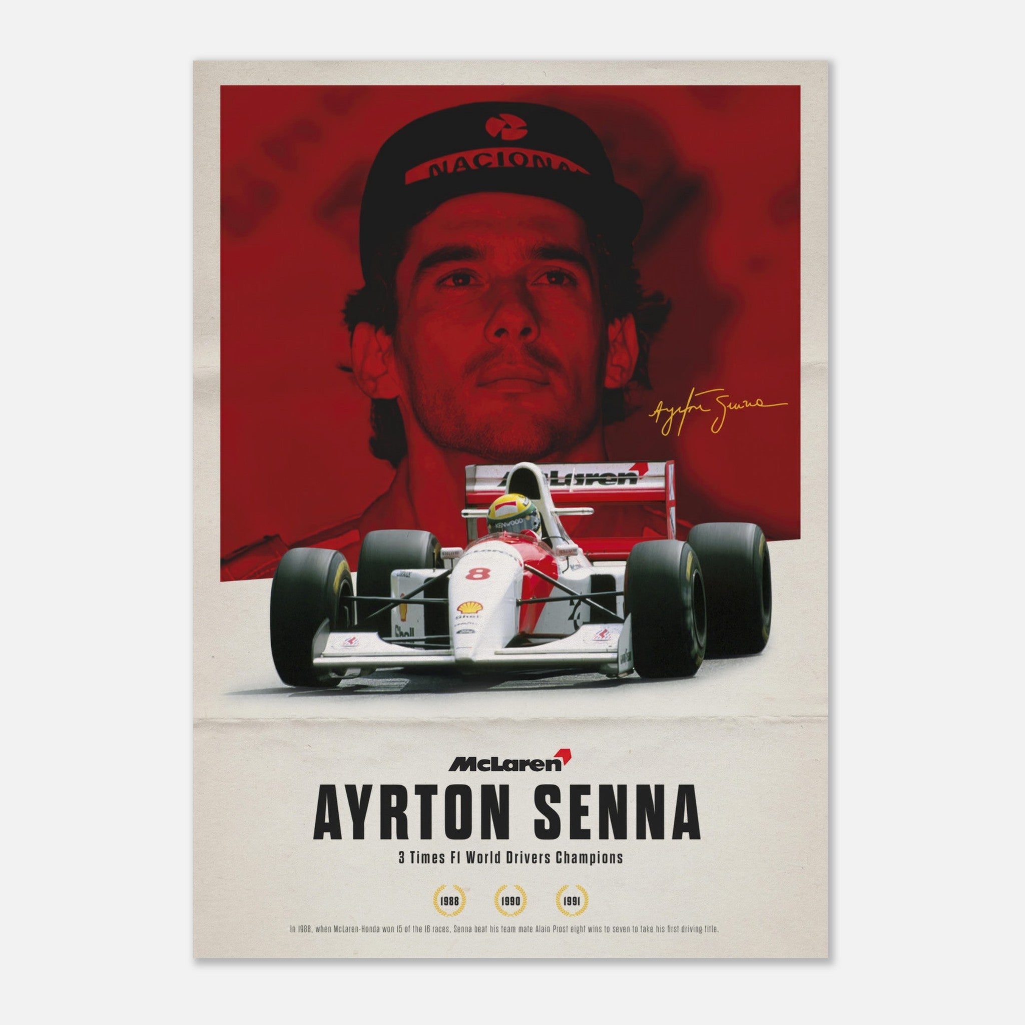 Ayrton Senna poster featuring McLaren Honda, celebrating 3-time F1 World Champion in dynamic red and white design.