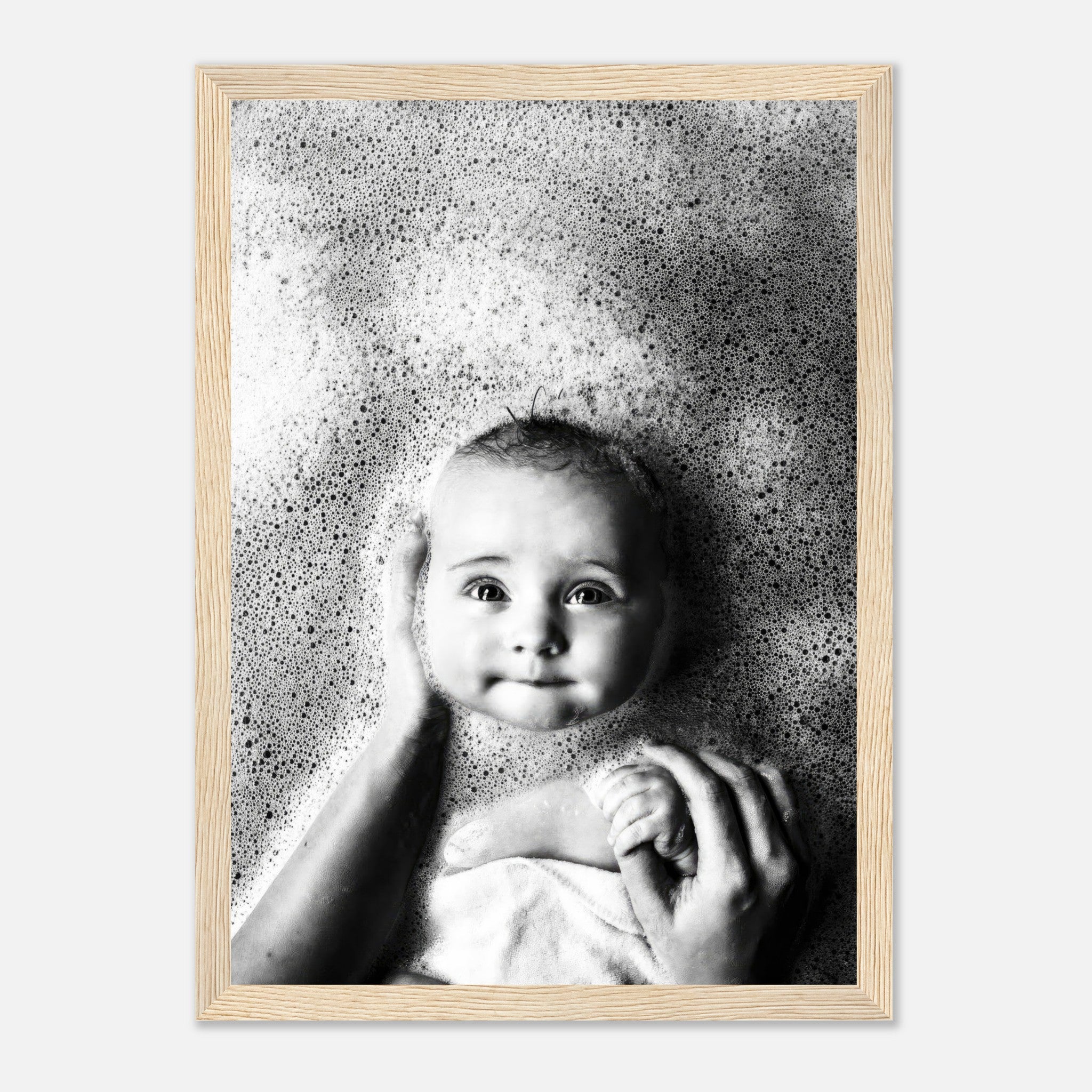 Baby Bath Photography Framed Print featuring a joyful baby in bubbles, capturing innocence and serenity.