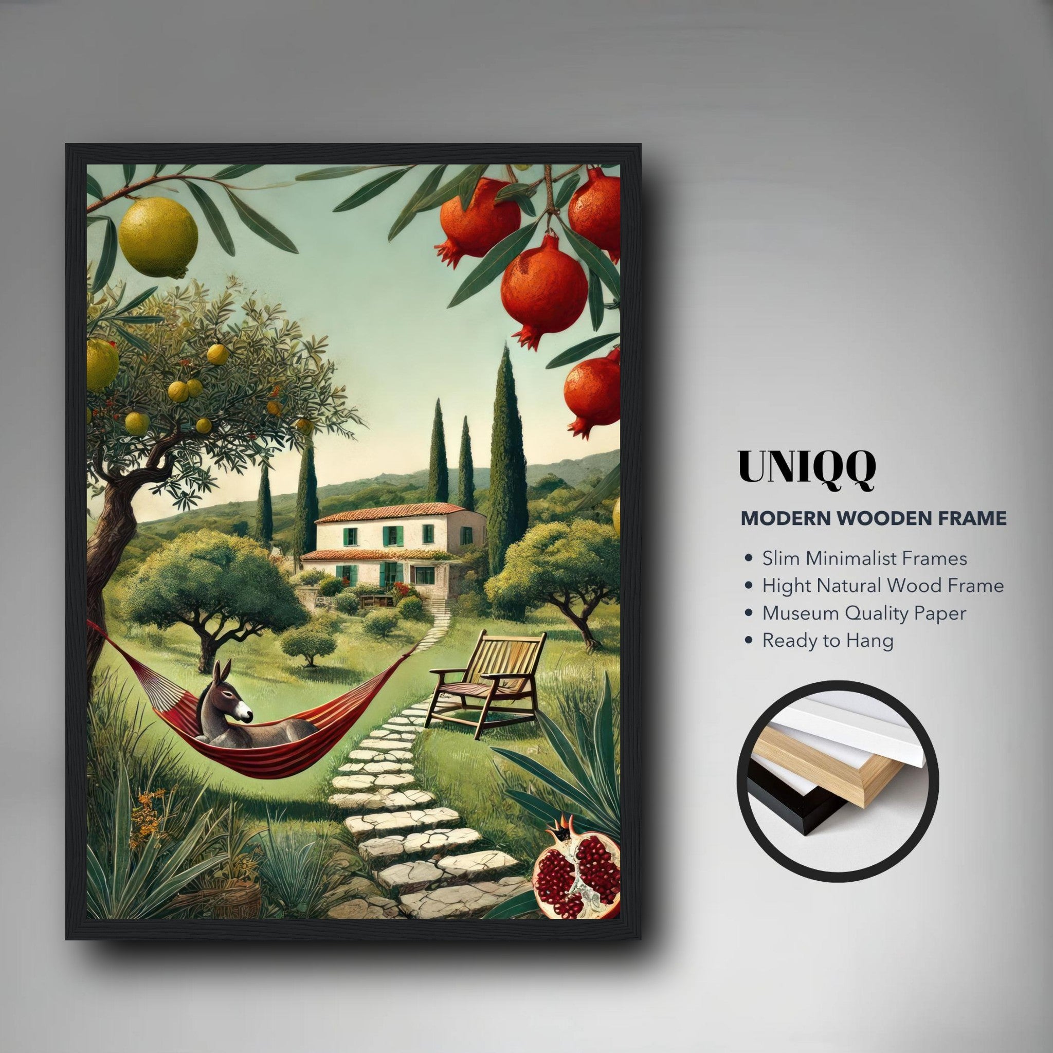 Framed print of a Mediterranean landscape with a donkey in a hammock, villa, and lush greenery.