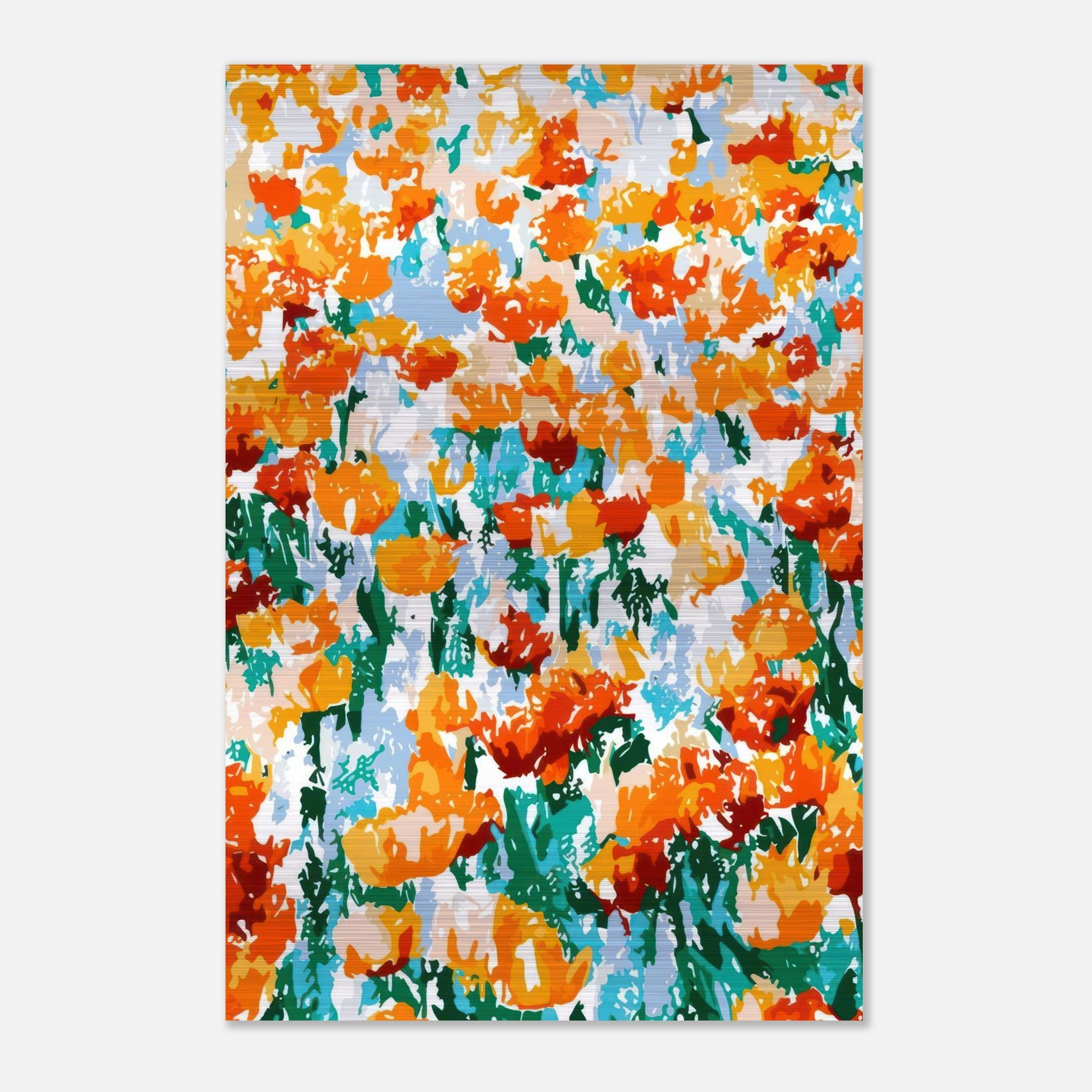 Abstract floral tulip garden print with vibrant orange and red tulips on brushed metal.