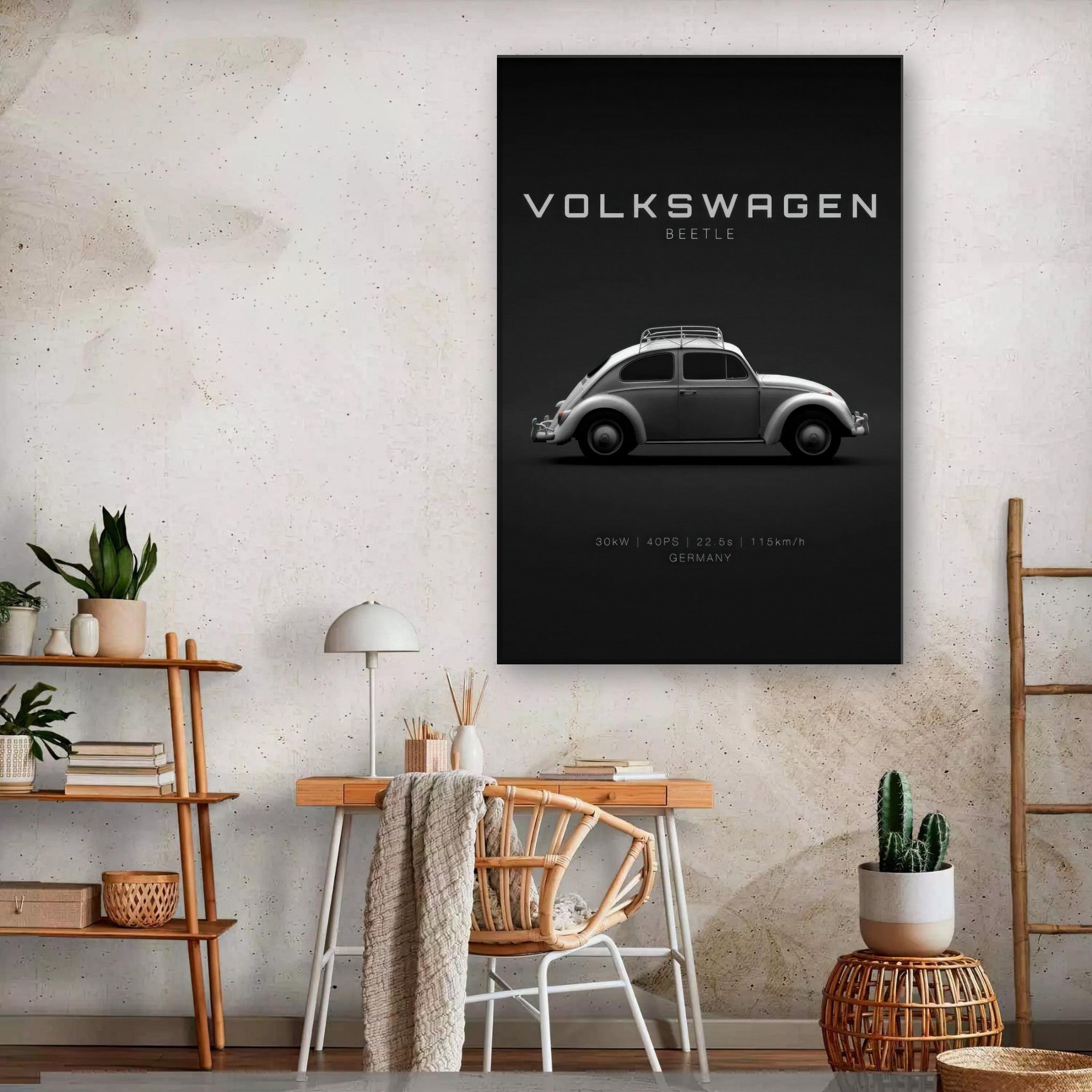 Volkswagen Beetle canvas art featuring classic car silhouette, minimalist design on a sleek black background.