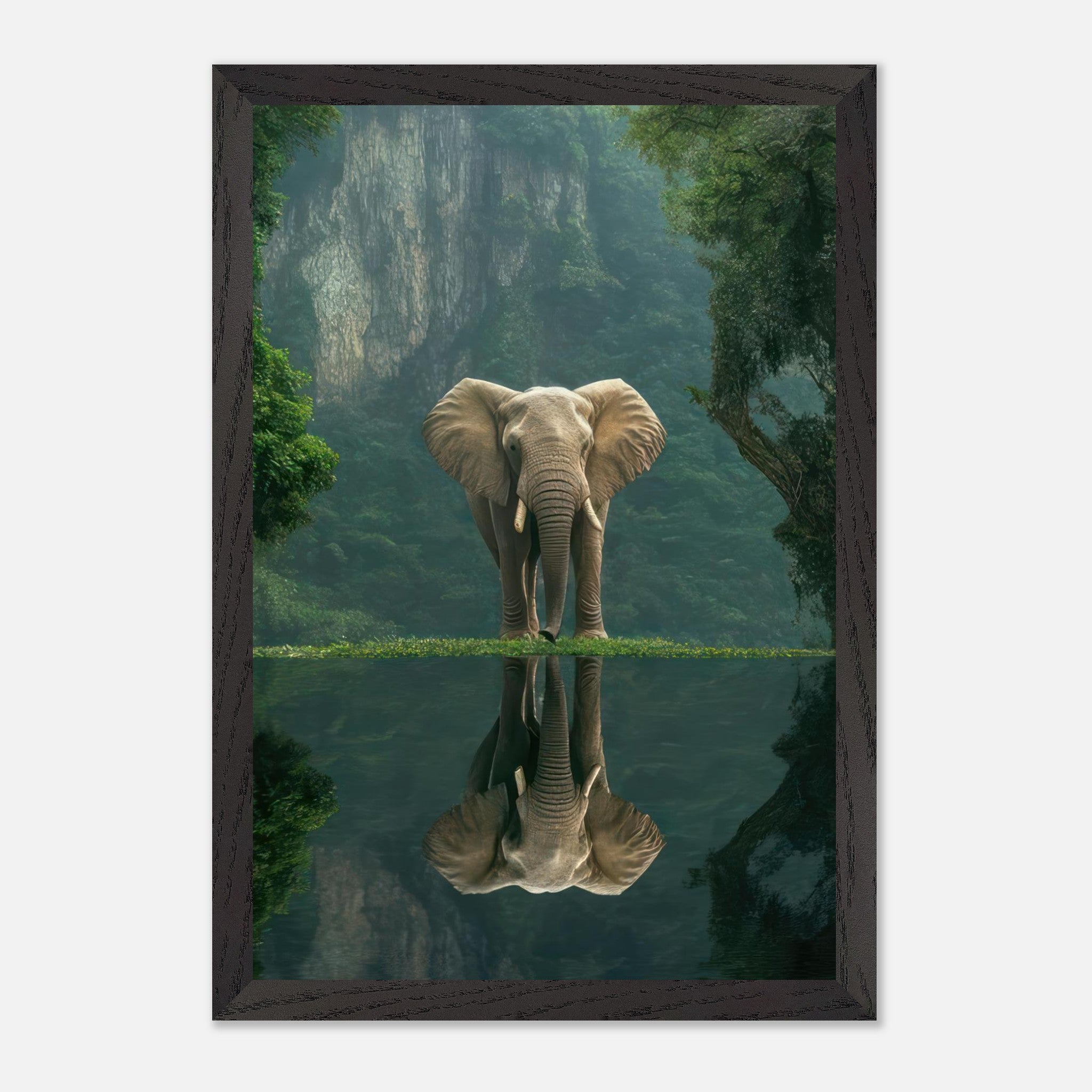 Jungle elephant portrait reflecting in water, surrounded by lush greenery, capturing majesty and tranquility - fine art piece.