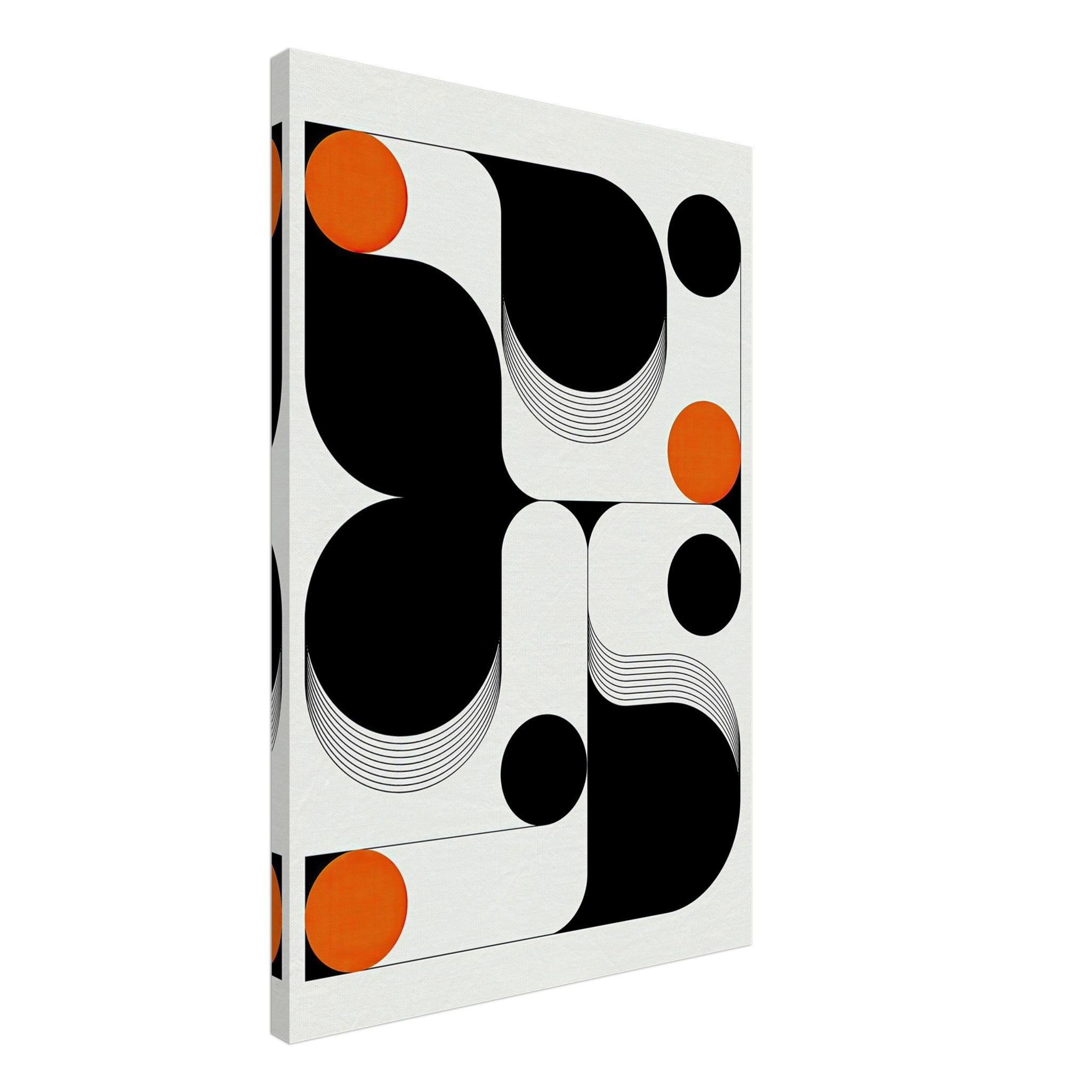 Modern geometric abstract art canvas print featuring black curves and vibrant orange circles.
