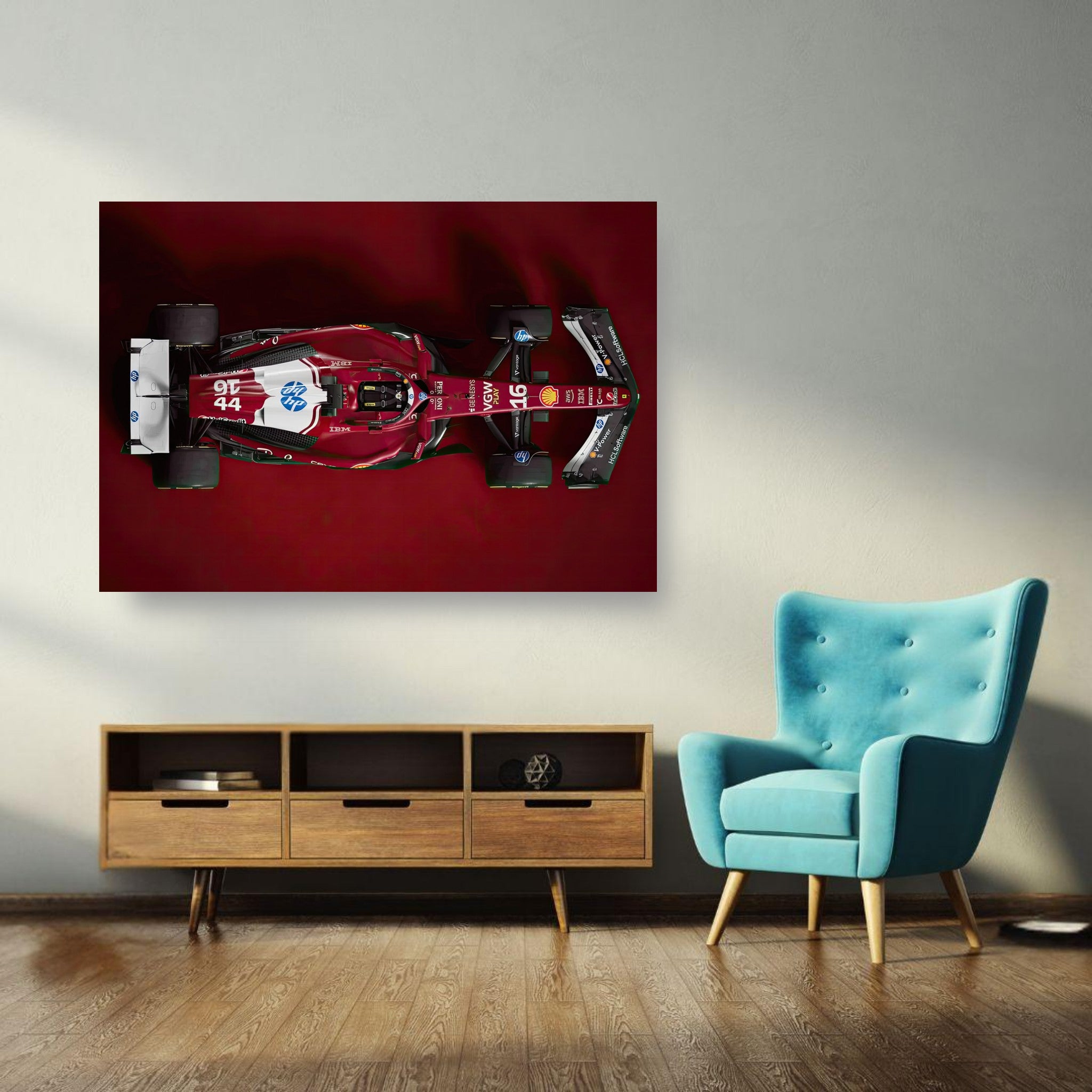 Ferrari F1 2025 metal print showcasing top-down view of the car in dynamic red backdrop, perfect for racing enthusiasts.