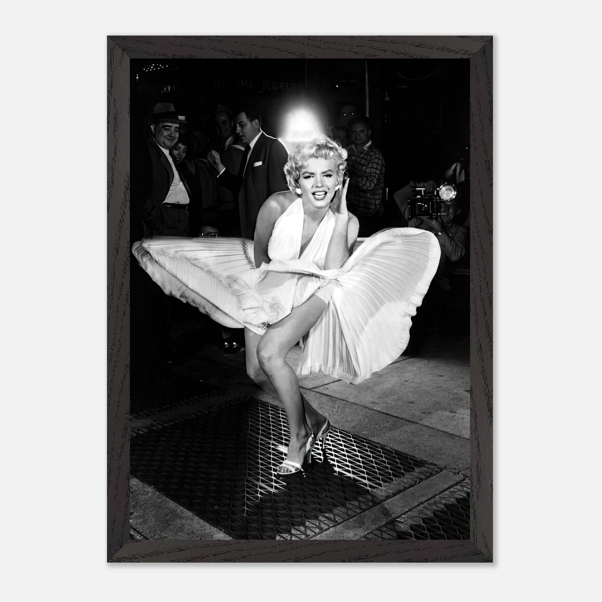 Marilyn Monroe in iconic white dress, vintage framed print, capturing Hollywood glamour and timeless beauty.