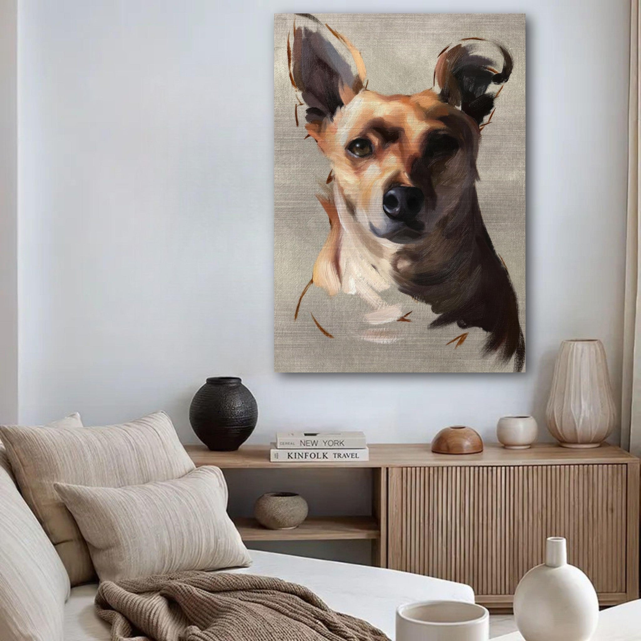 Chihuahua dog painting on brushed metal in a modern living room decor, showcasing vibrant colors and detailed artistry.
