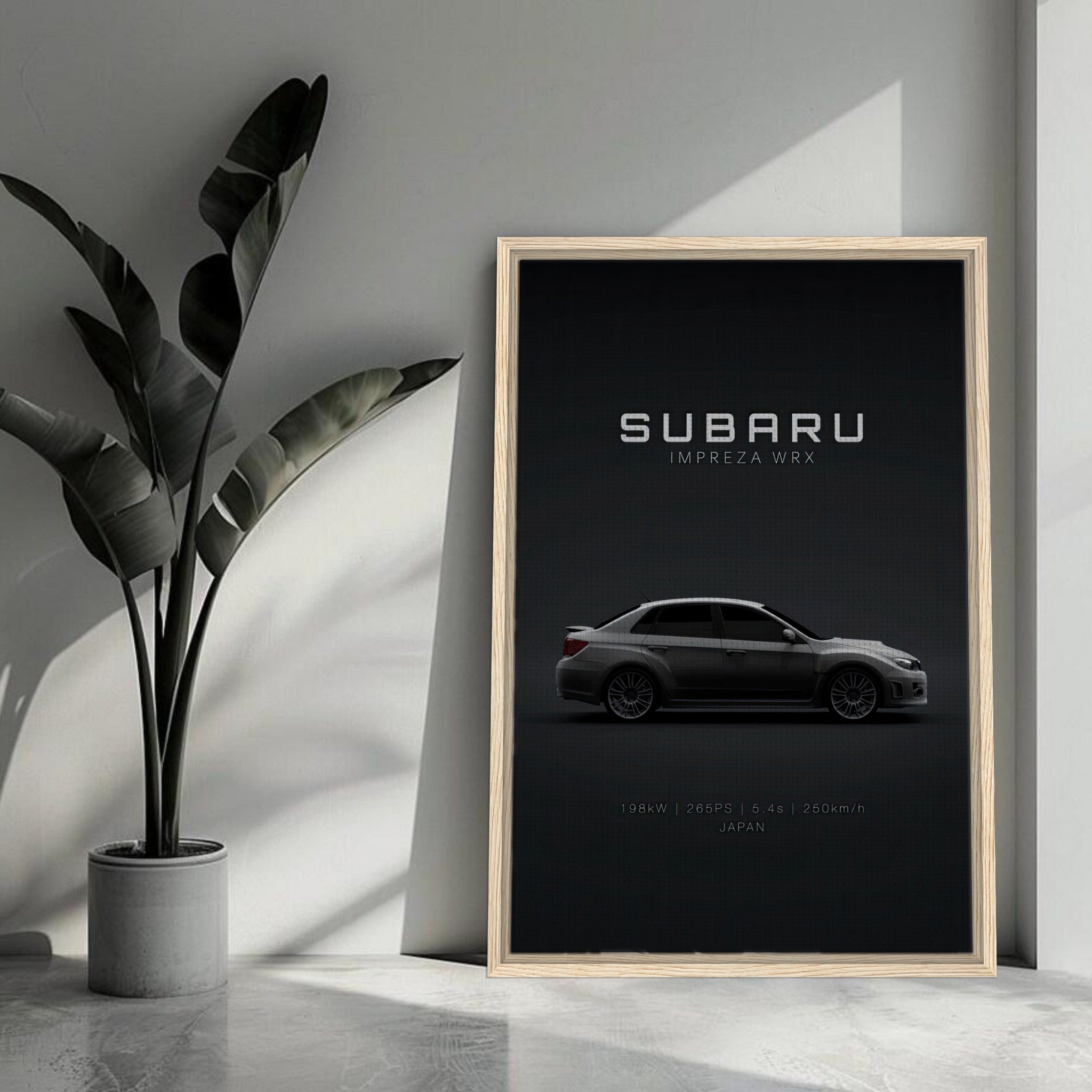 Framed canvas of a Subaru WRX showcasing its sleek side profile, ideal for car enthusiasts.