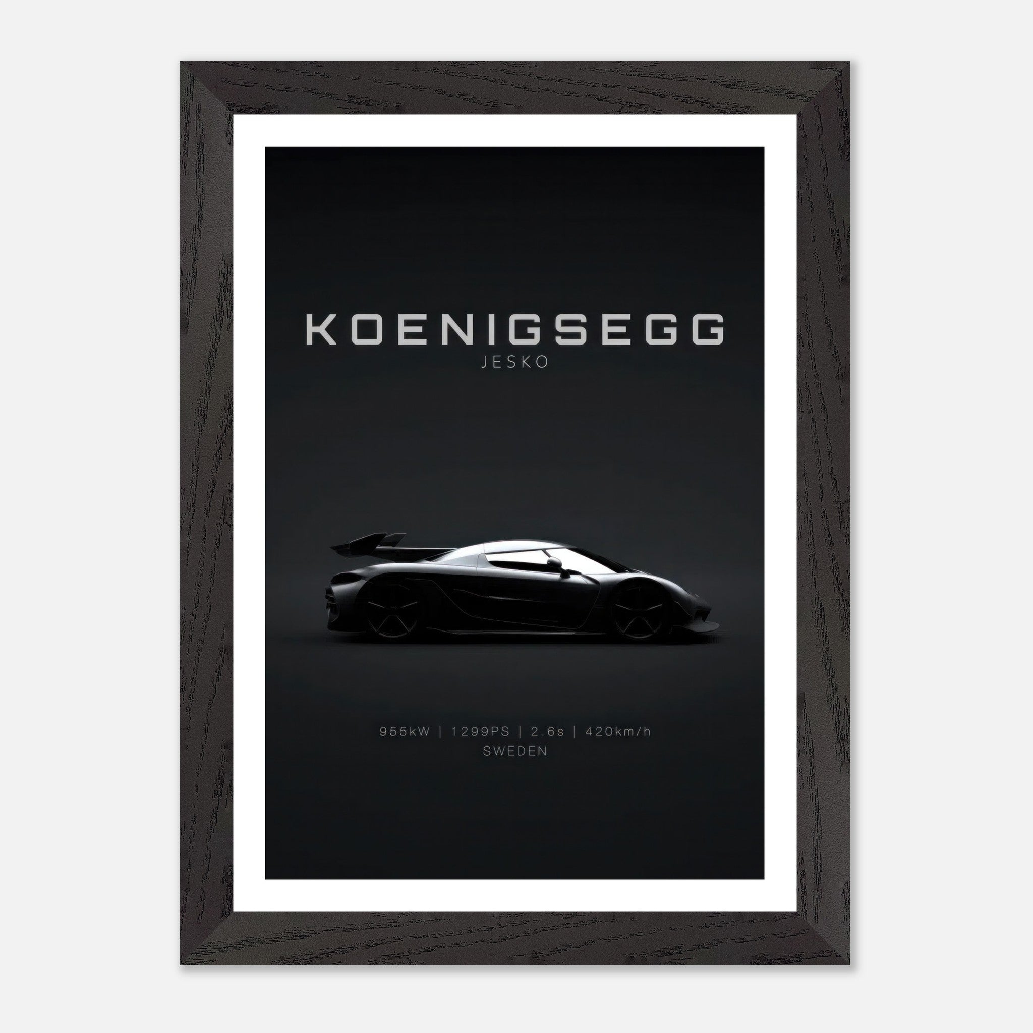 Framed art of Koenigsegg Jesko showcasing its sleek profile against a minimalist black background.