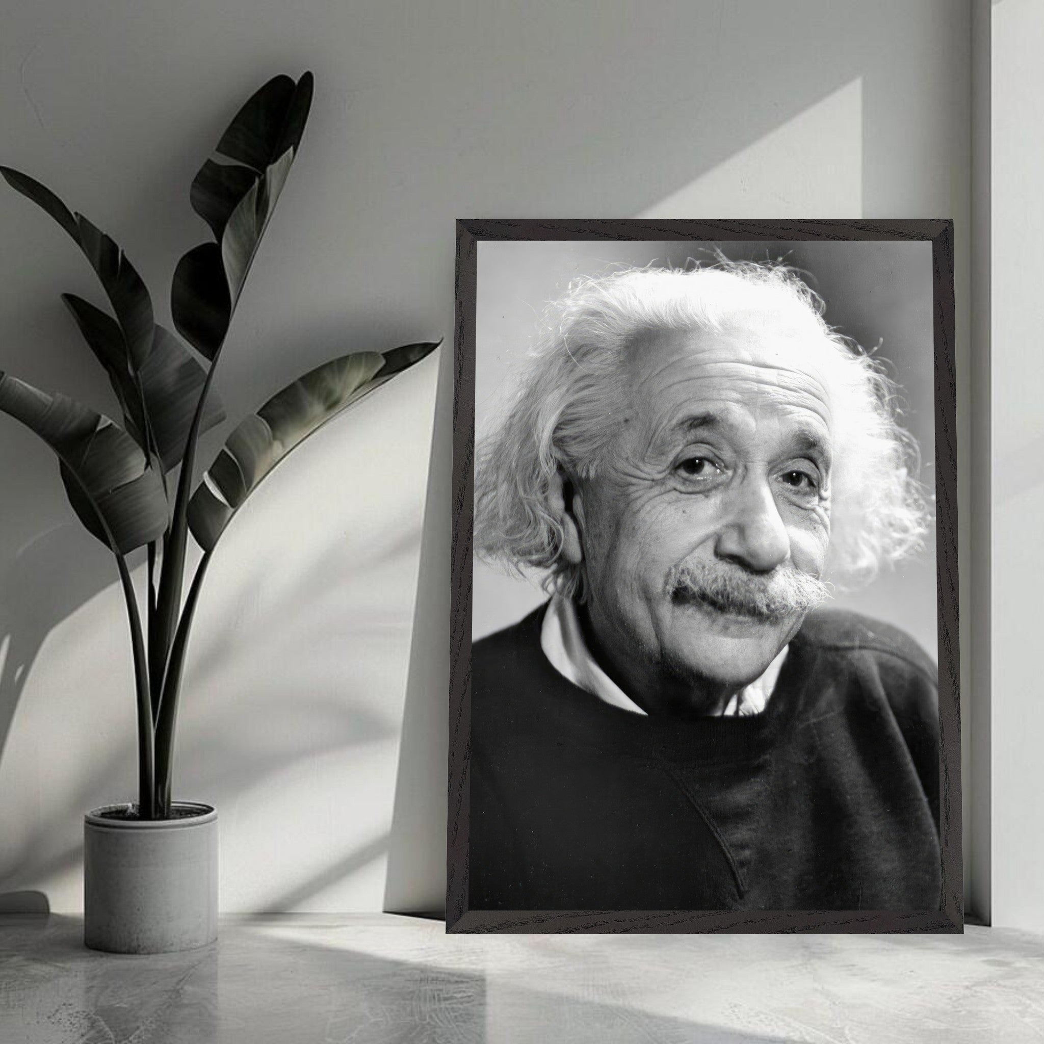 Black-and-white portrait of Albert Einstein in 1946, showcasing his expressive eyes and iconic hair.