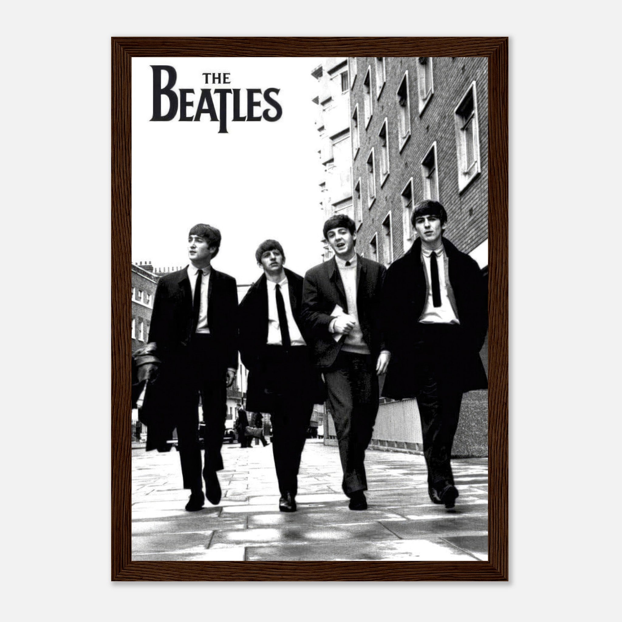 Framed print of The Beatles walking together in black and white, perfect for music fans and collectors.