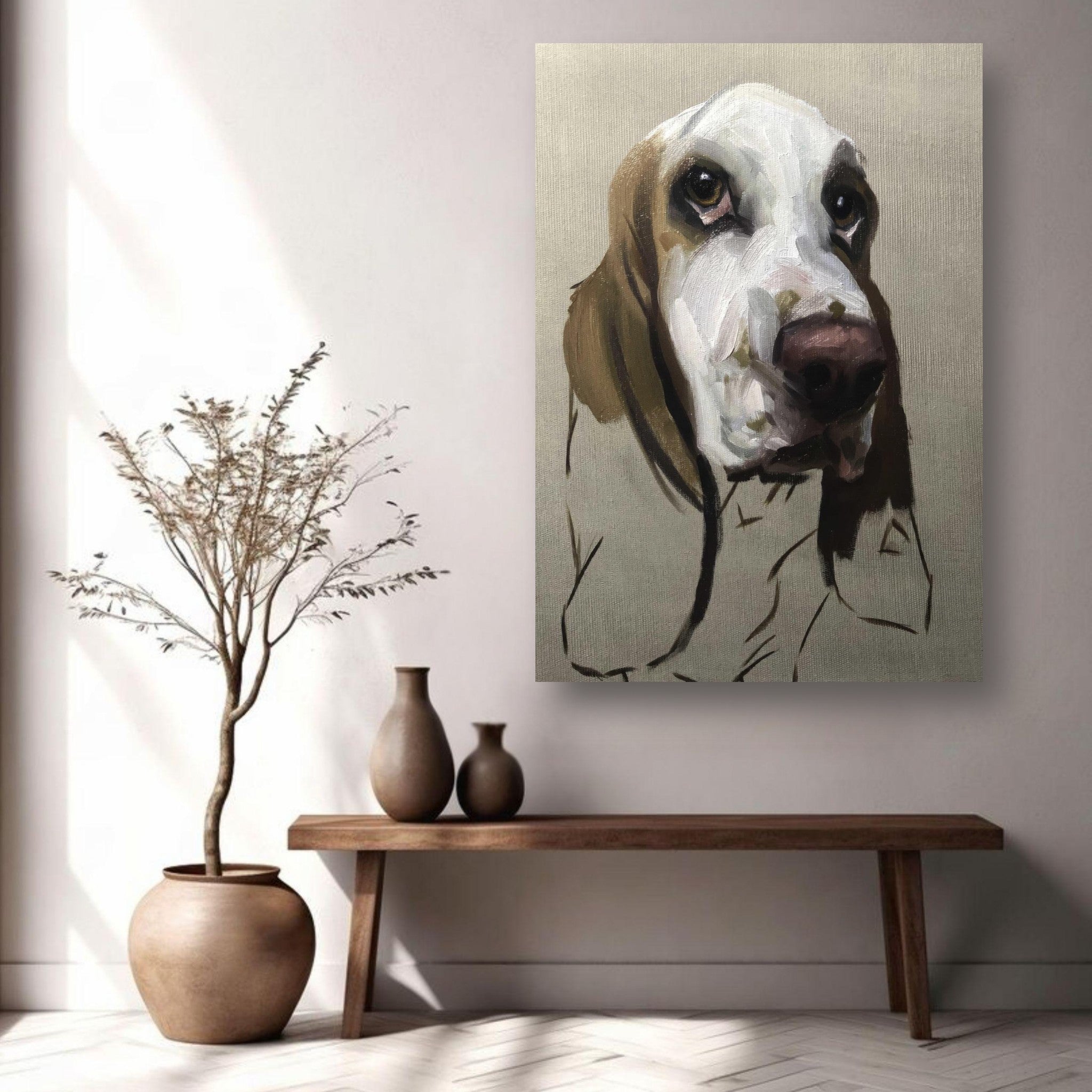 Basset Hound dog painting metal print displayed in a modern living room setting.