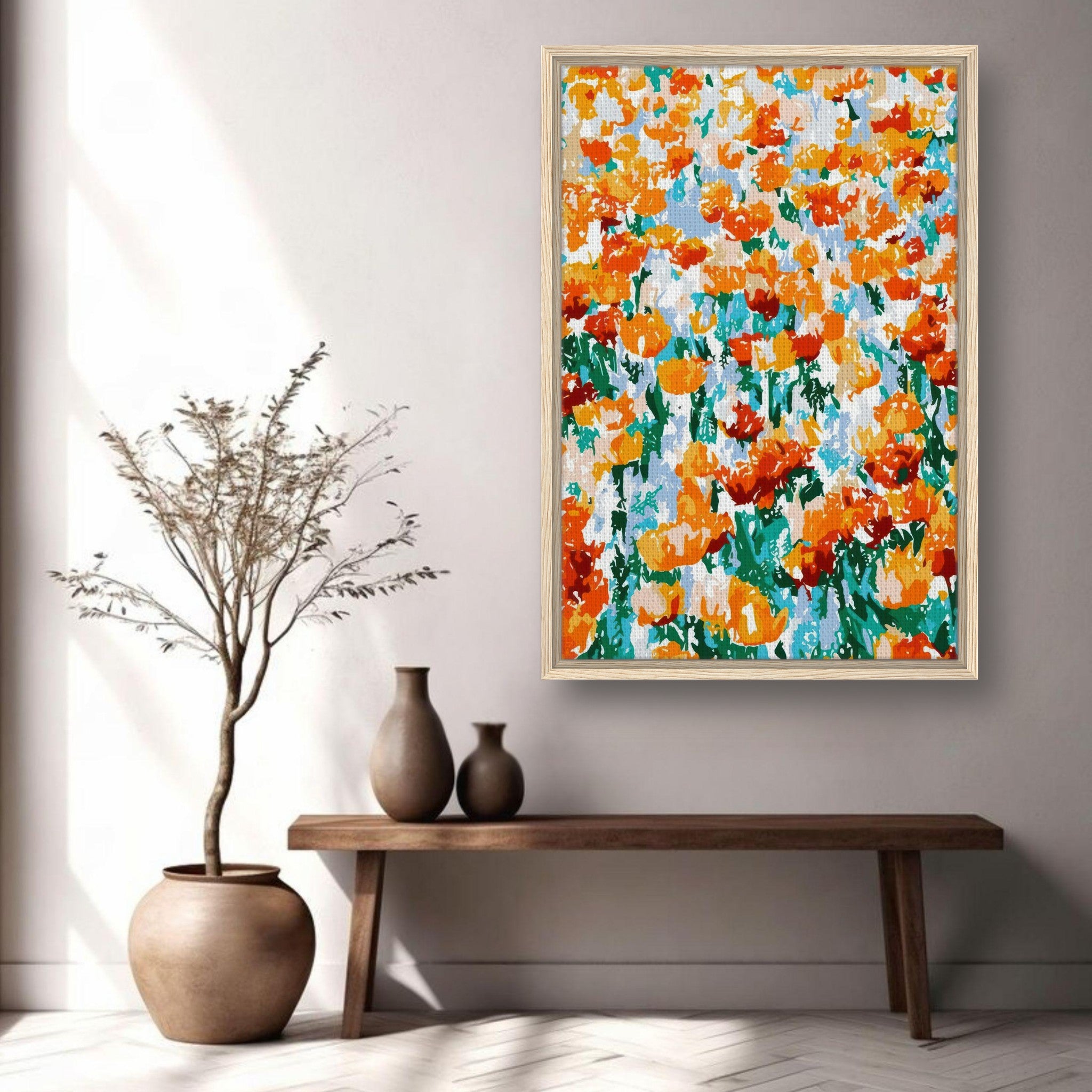 Vibrant Abstract Floral Tulip Garden Framed Canvas Print in modern living room decor with orange and green hues.