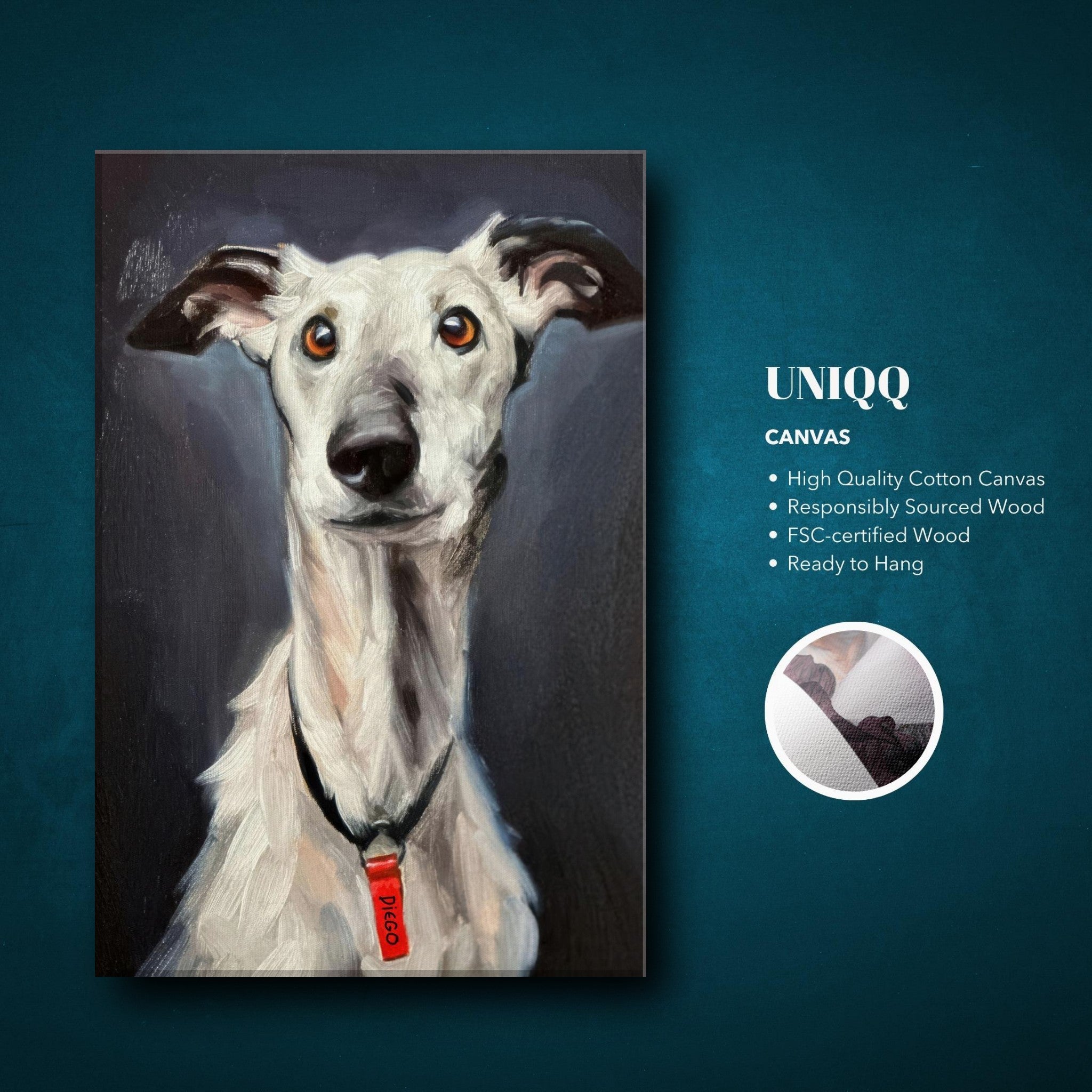 Greyhound dog portrait canvas print featuring detailed artwork with expressive brushstrokes and vibrant colors.
