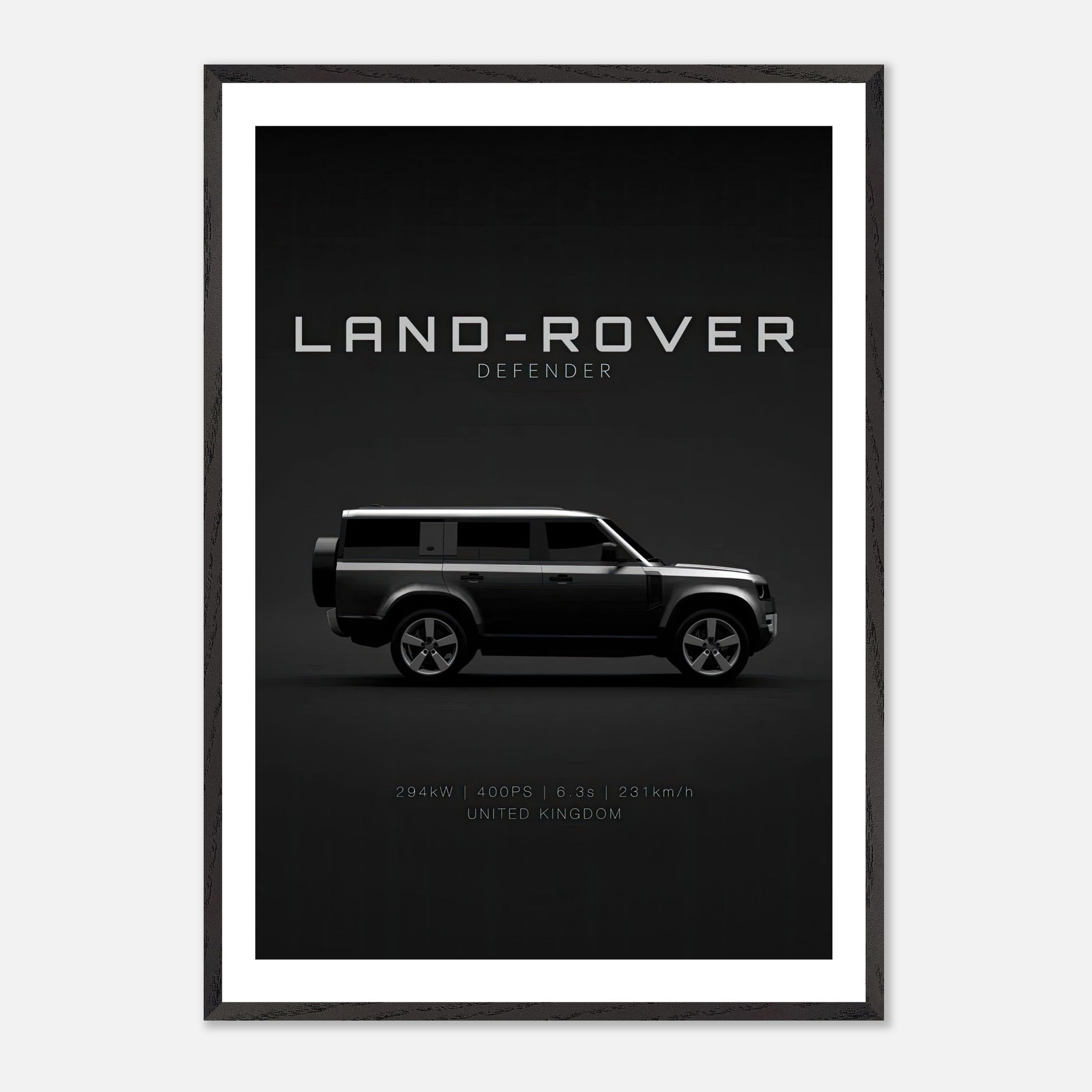 Land Rover Defender vintage framed art showcasing a minimalist design with iconic silhouette on a black background.