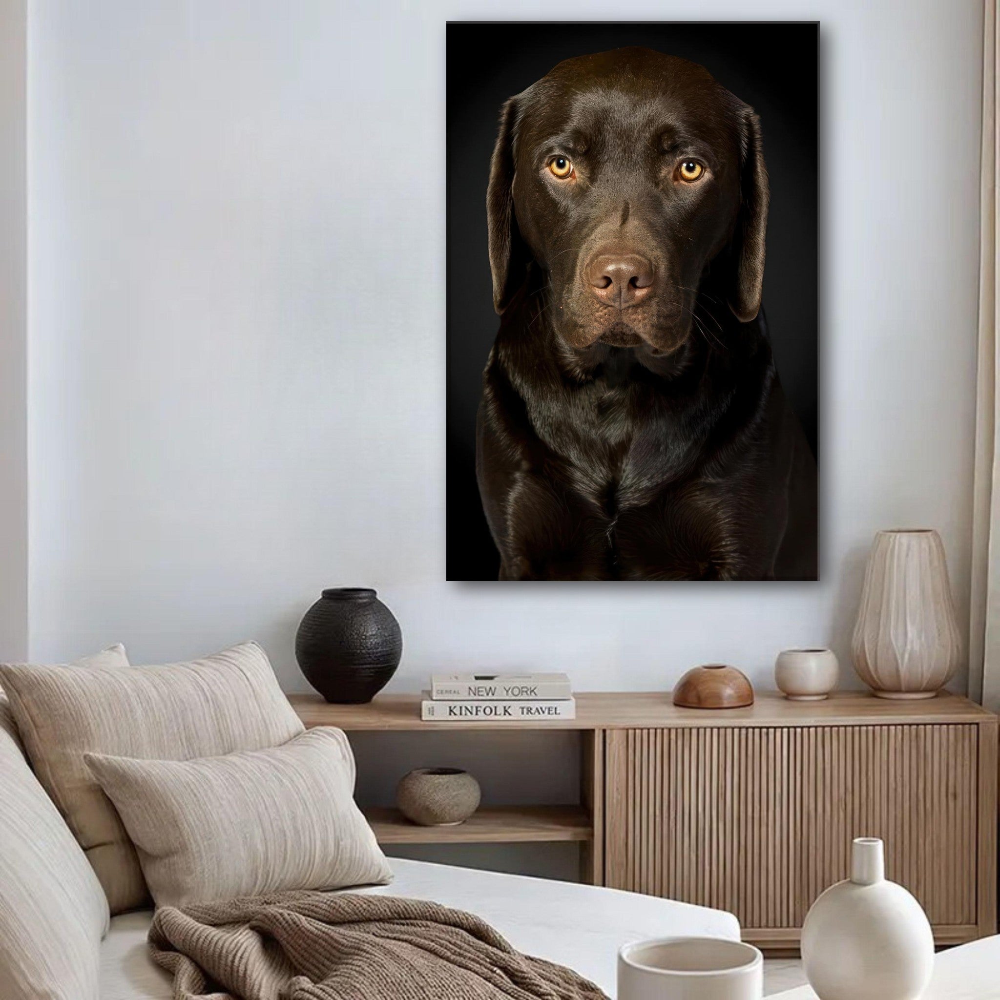 Chocolate Labrador portrait canvas print displayed in a stylish living room setting, capturing the breed's beauty and charm.