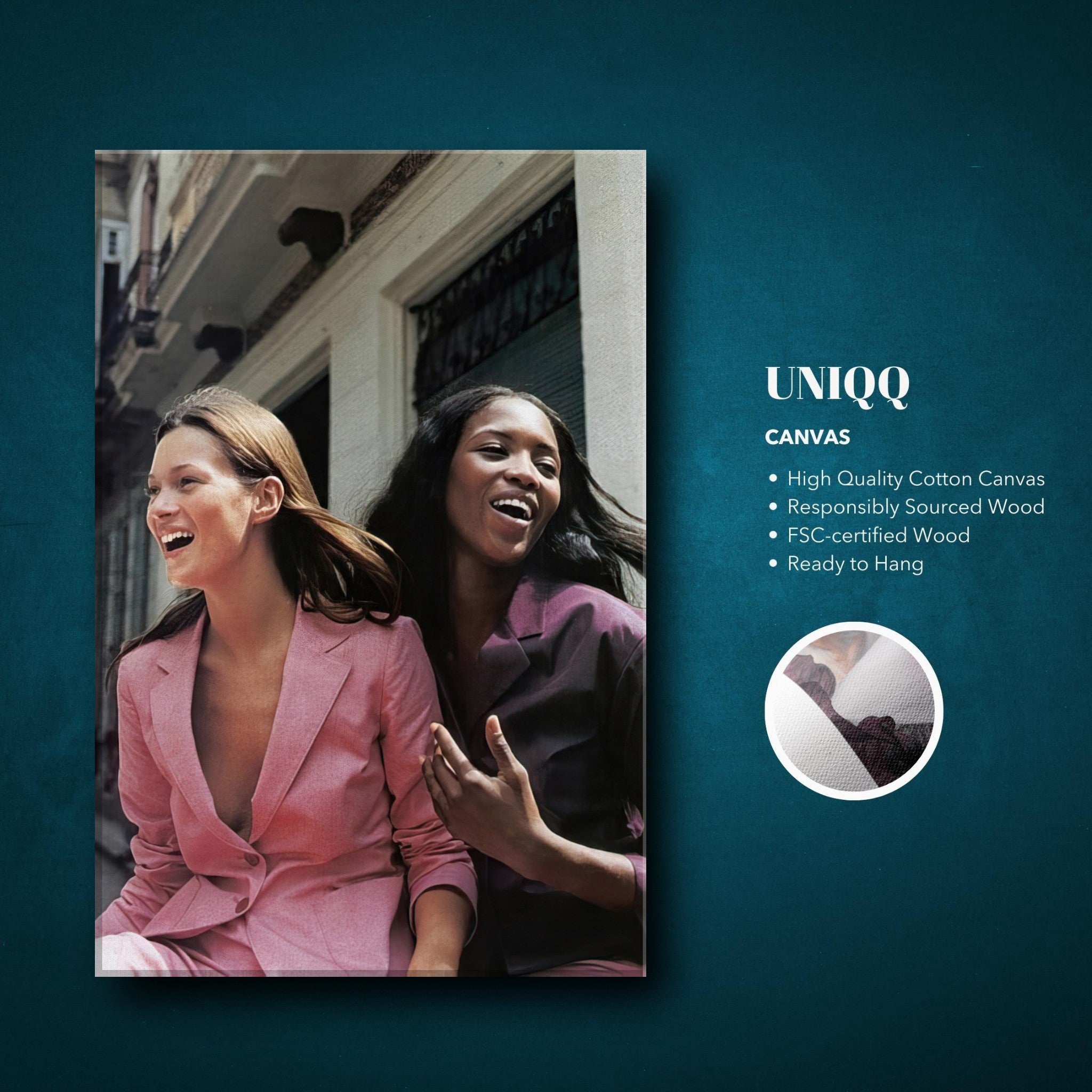 Naomi Campbell and Kate Moss canvas print capturing fashion's golden era in vibrant tones and high-quality cotton.