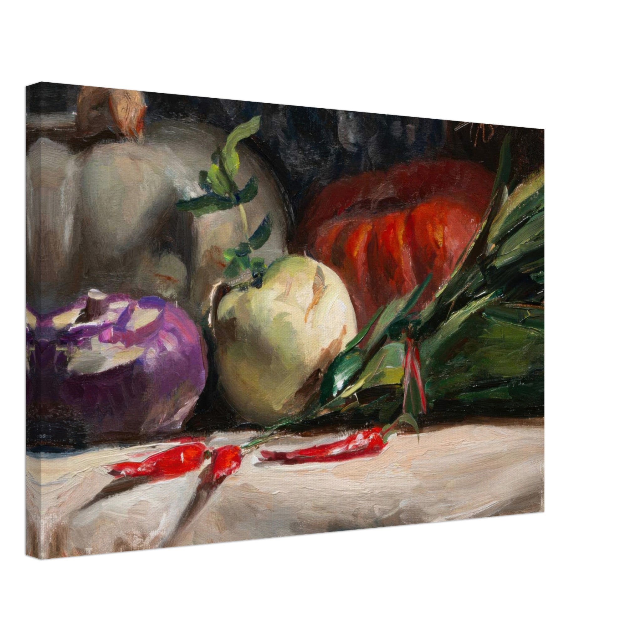 Kohlrabi, pumpkins, and chilis canvas print showcasing vibrant still life composition.