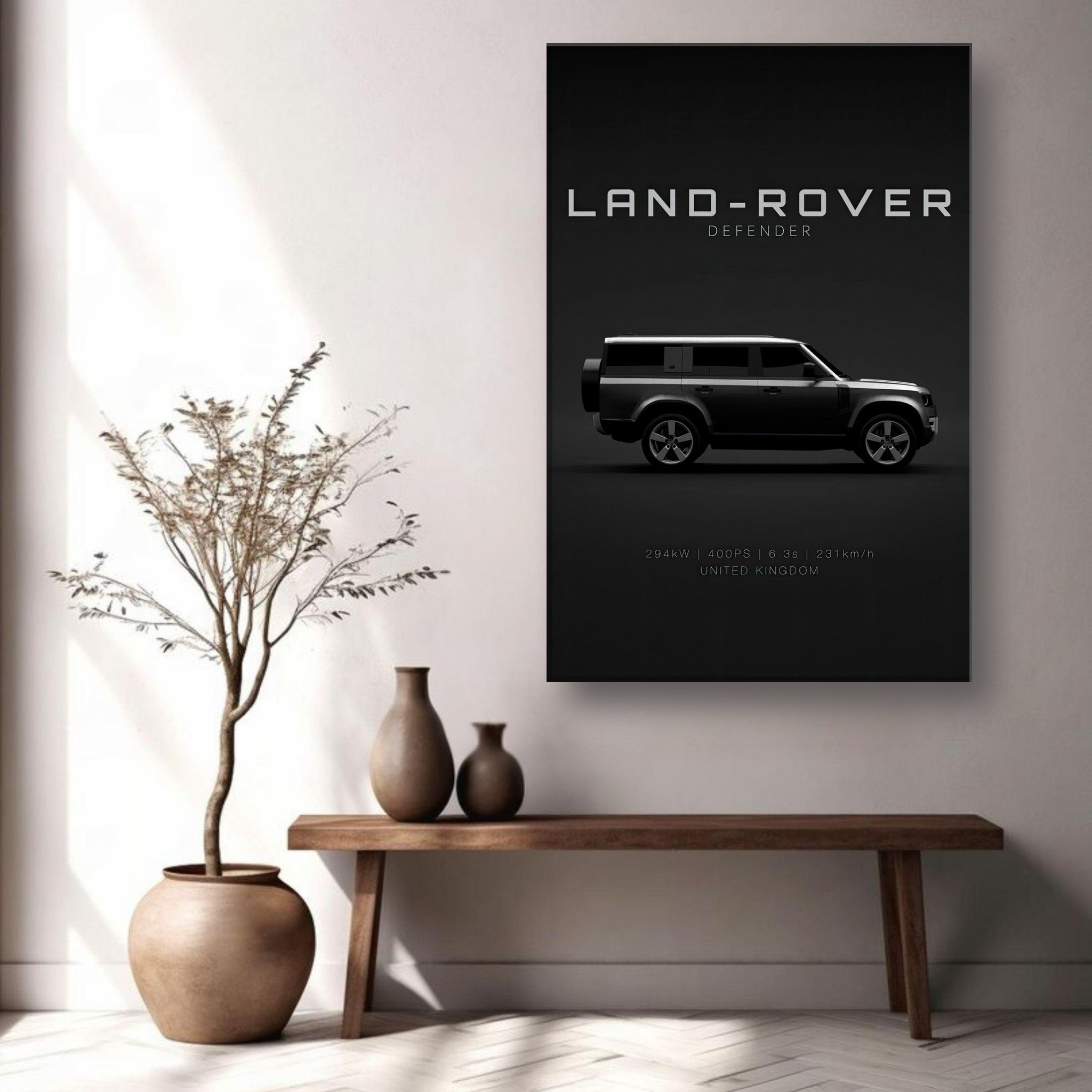 Land Rover Defender canvas art showcasing iconic off-road vehicle on minimalist black background.