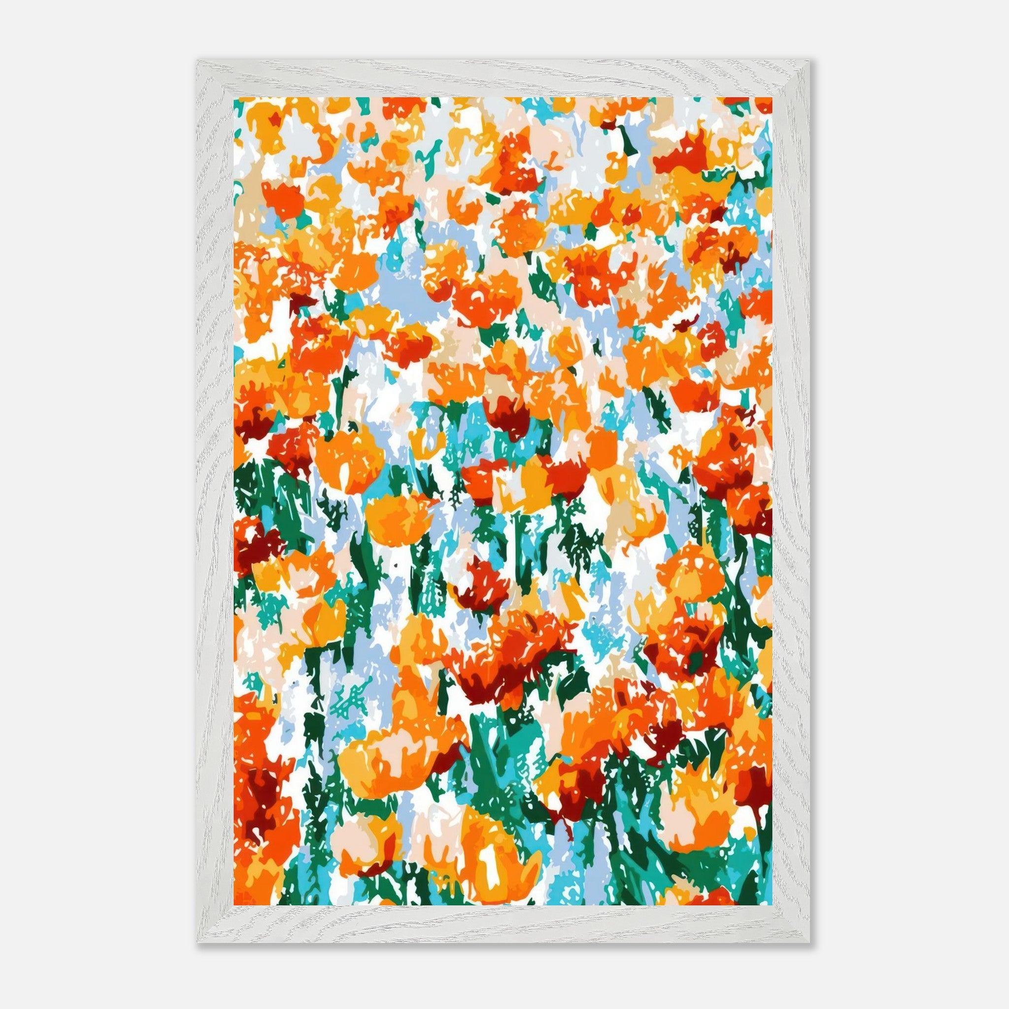 Vibrant abstract floral tulip garden artwork in bold orange and red hues, perfect for contemporary wall decor.