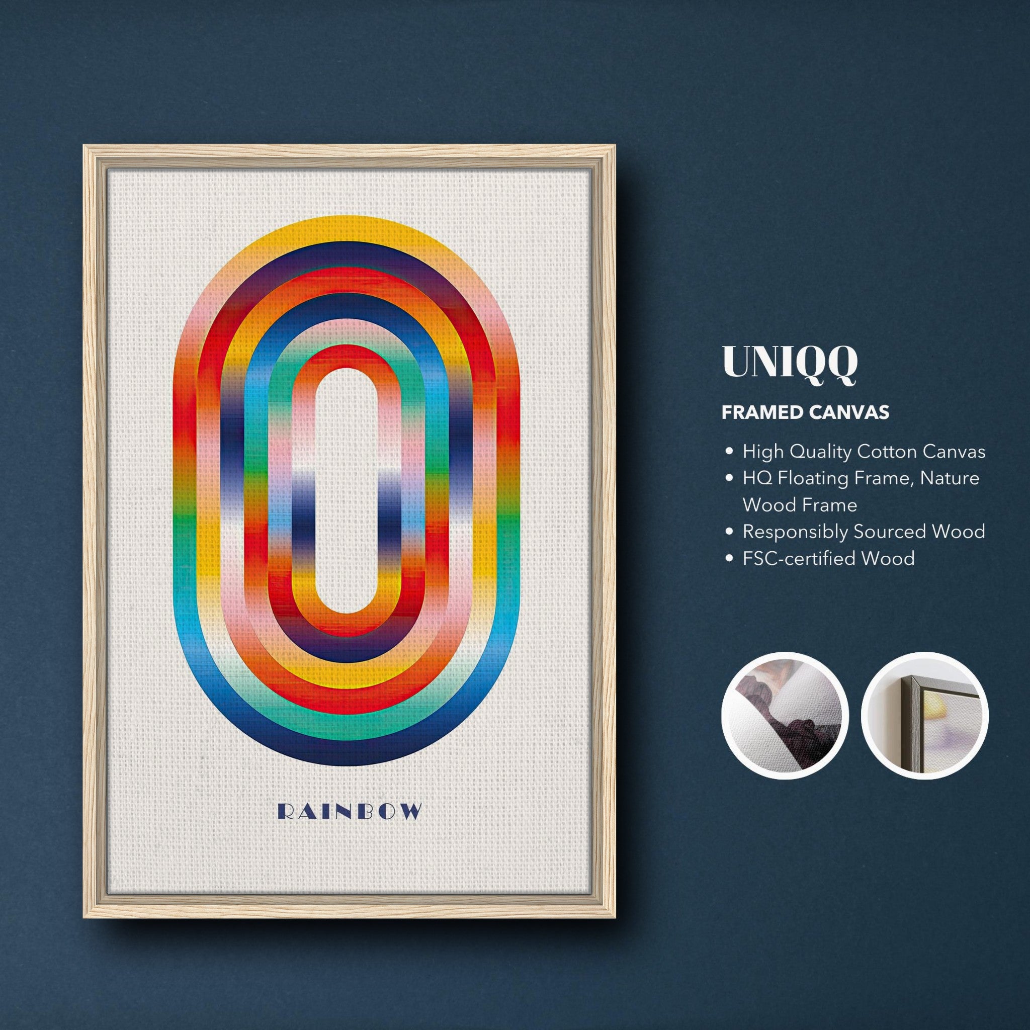 Framed Abstract Rainbow Geometric Art on cotton canvas, featuring vibrant colors and bold layered design.