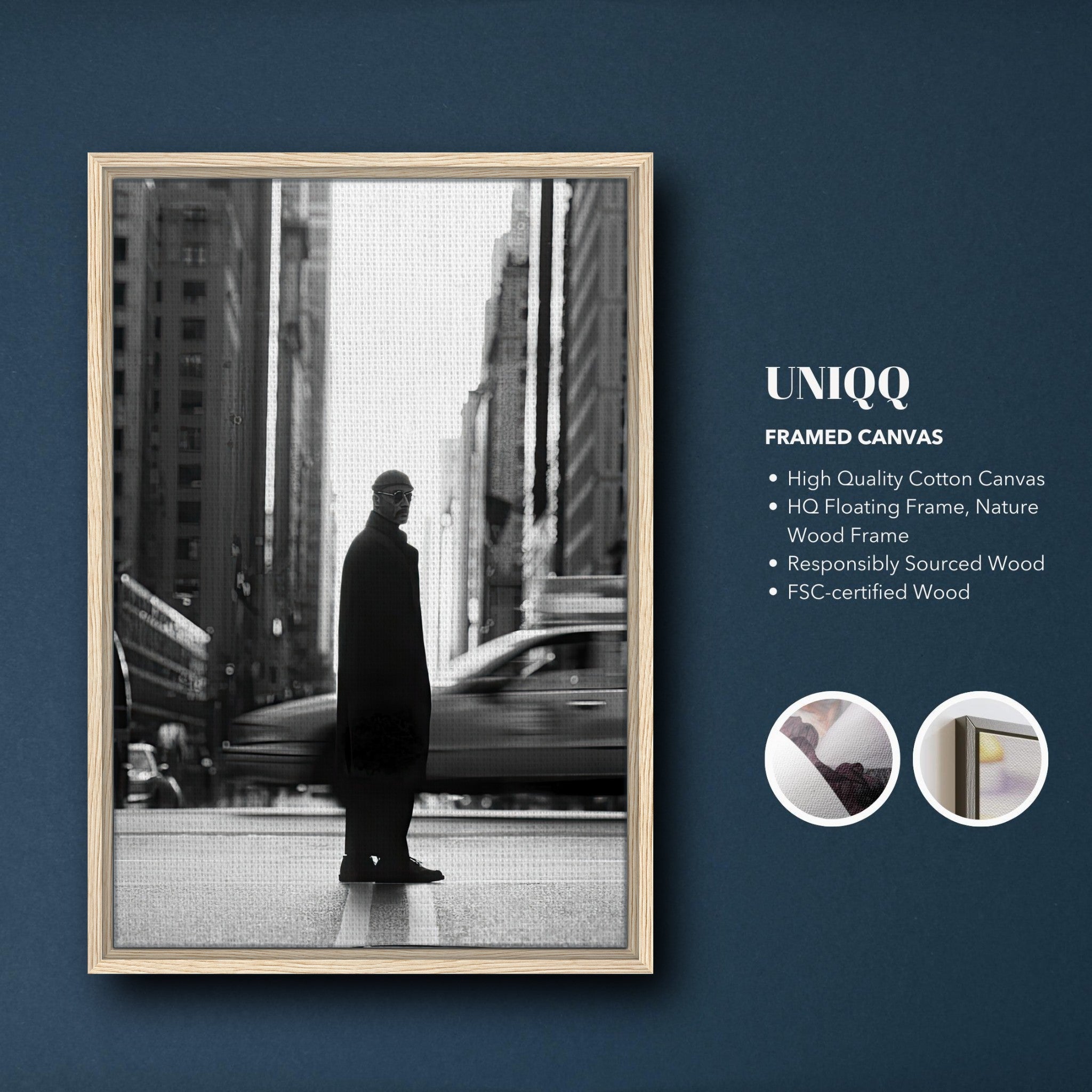Jean Reno as Leon in New York, black-and-white framed canvas artwork, urban sophistication decor.