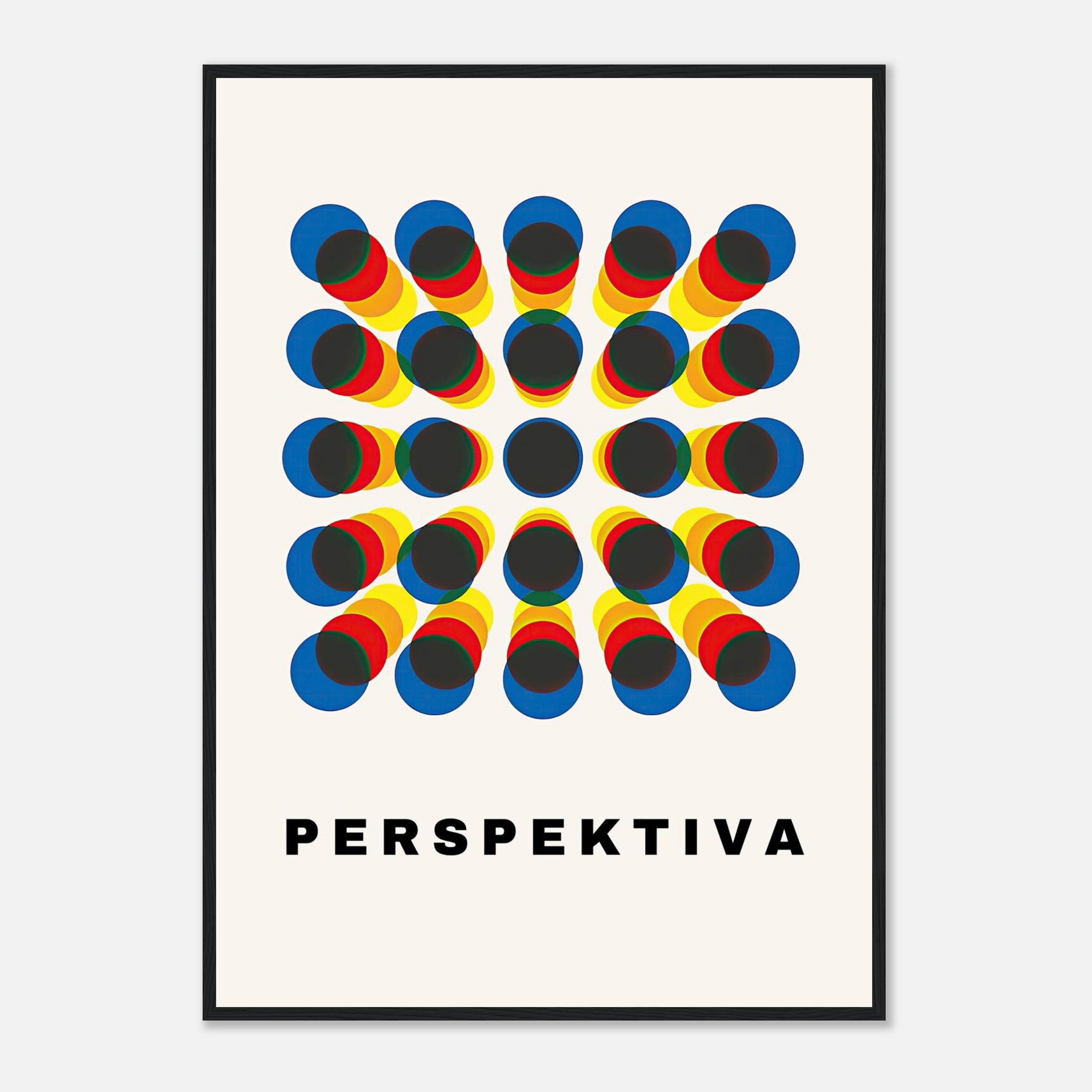 Framed print of Perspective Abstract Art with bold geometric pattern and vibrant colors, featuring the word 'PERSPEKTIVA'.
