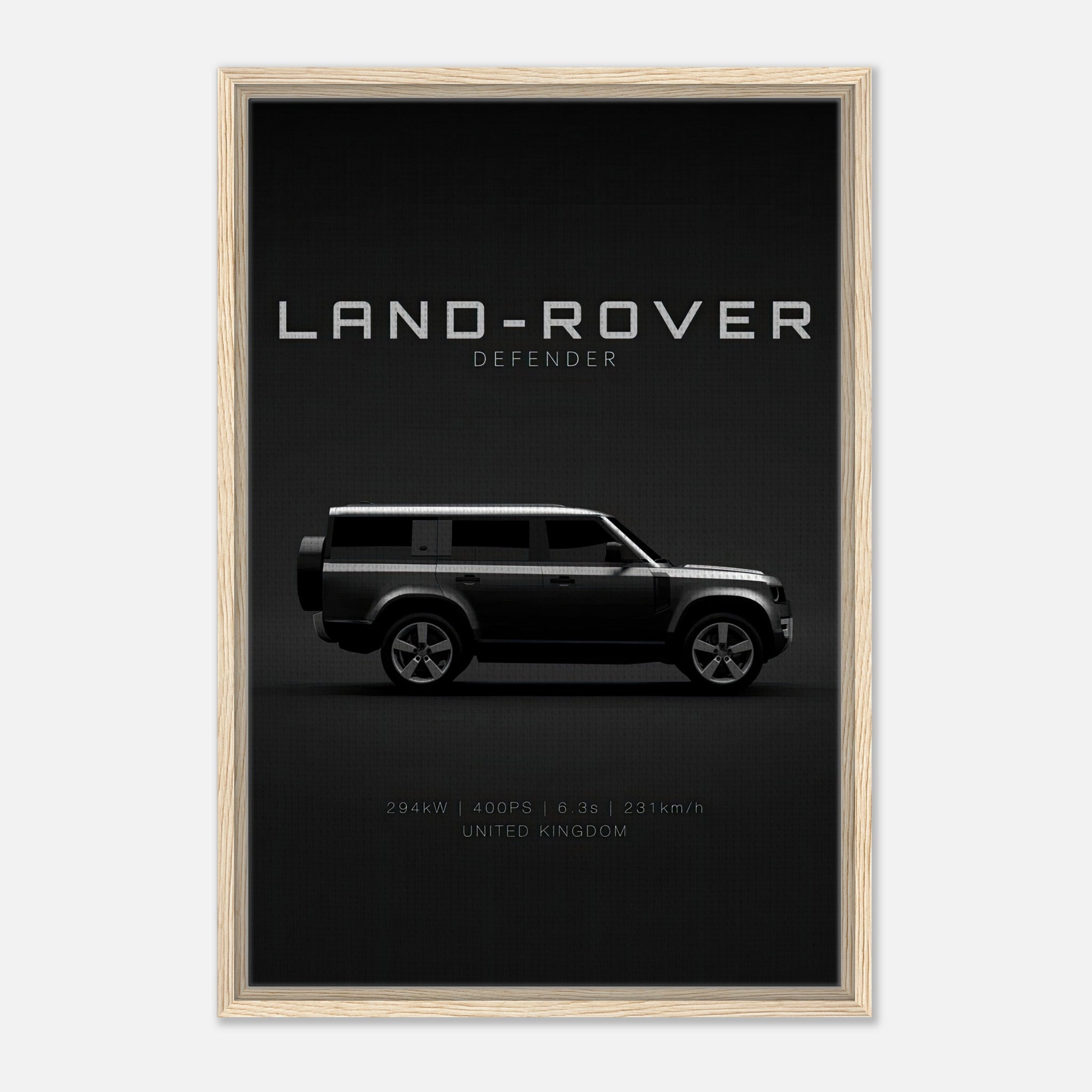 Framed canvas print of a Land Rover Defender in sleek profile against a black backdrop with natural Wood frame.
