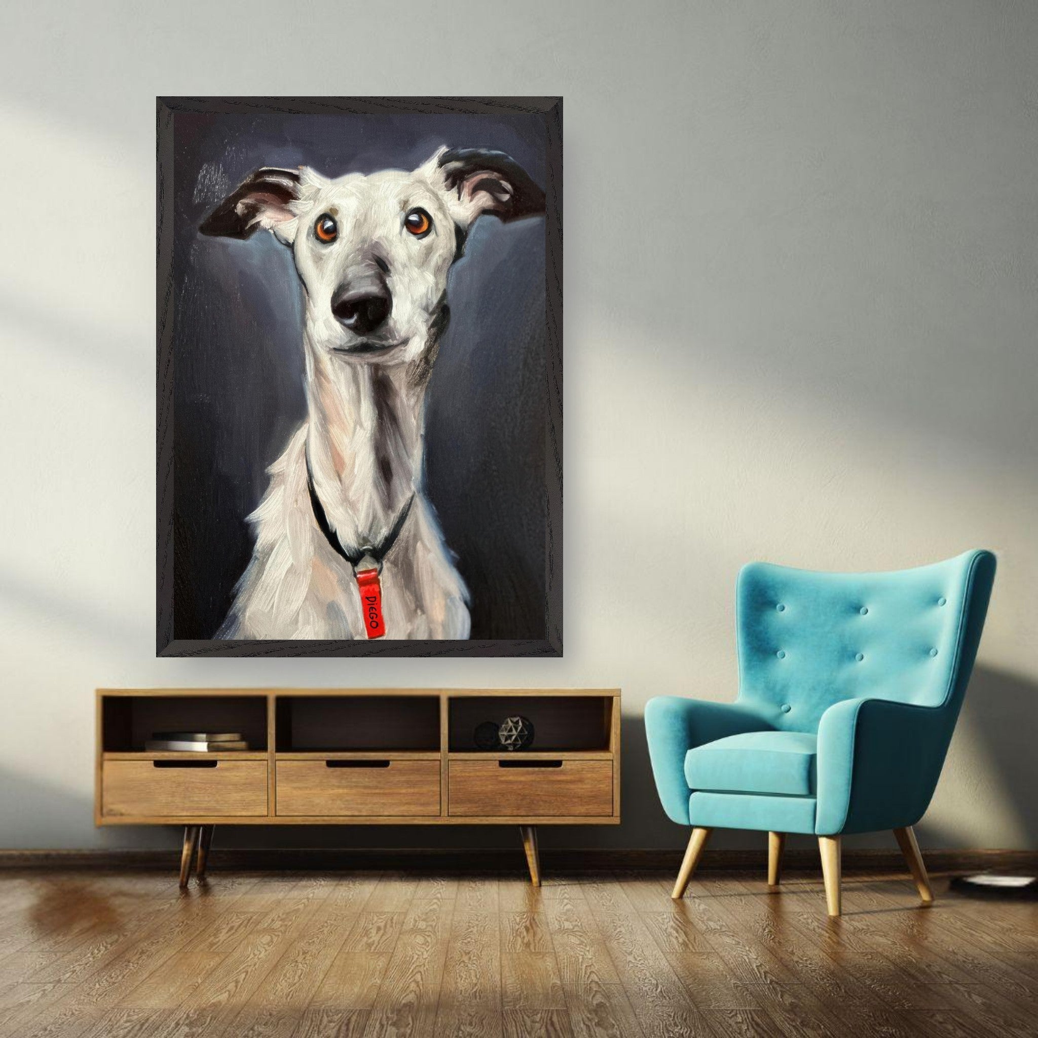 Museum-quality Greyhound dog painting hanging in a modern living room with a blue chair and wooden furniture.