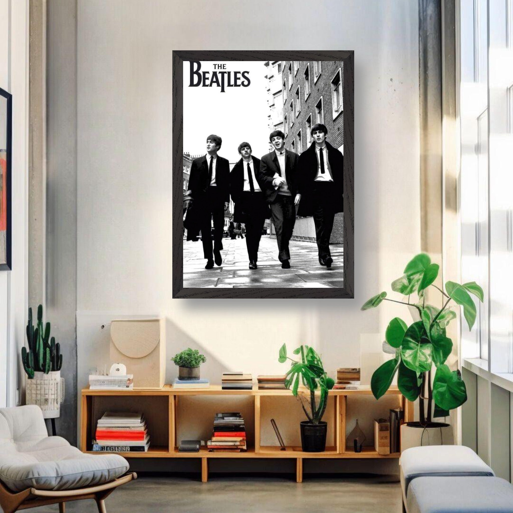 Vintage framed print of The Beatles walking together in a stylish living room setting.