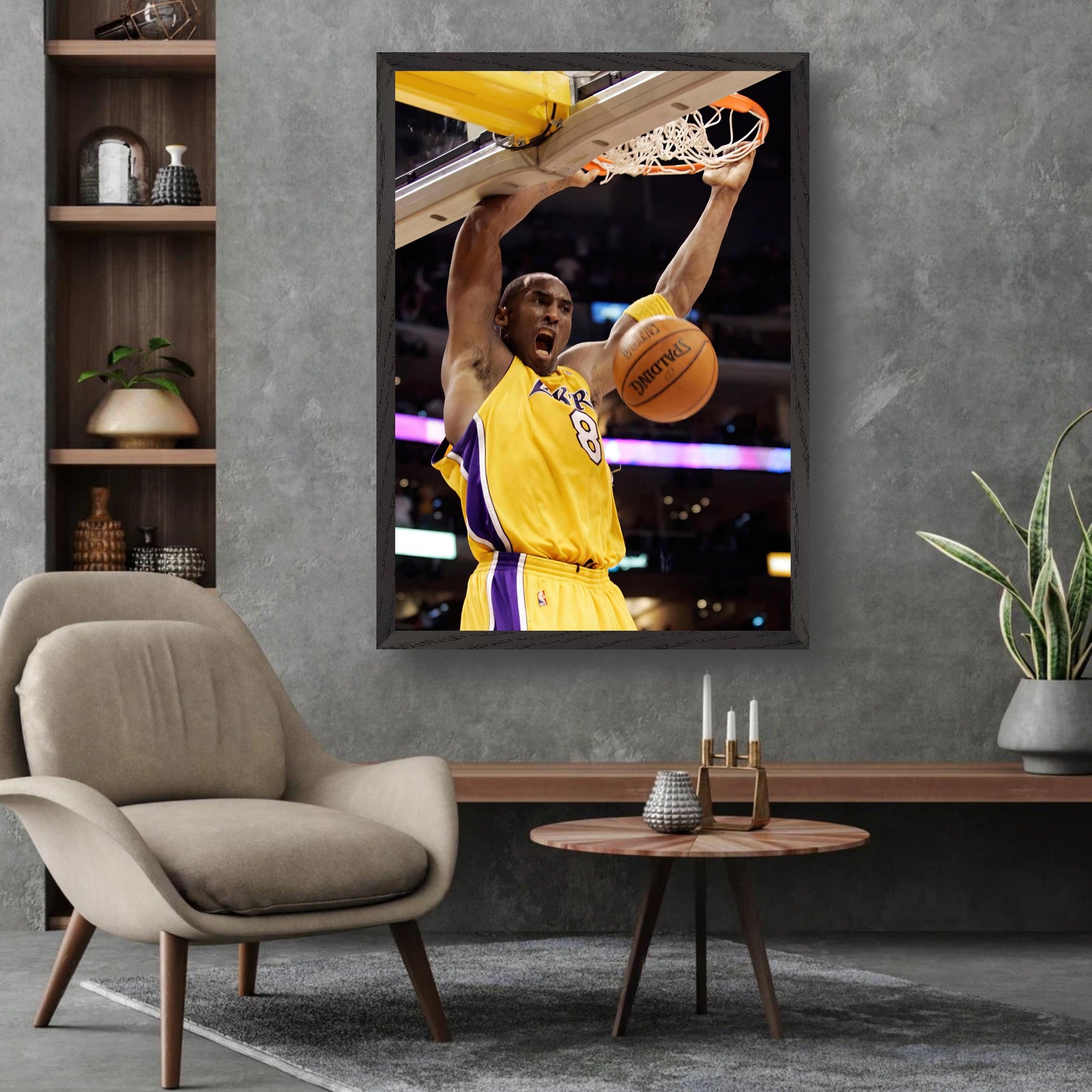 Kobe Bryant's iconic slam dunk fine art print in stylish living room decor, showcasing basketball excellence.